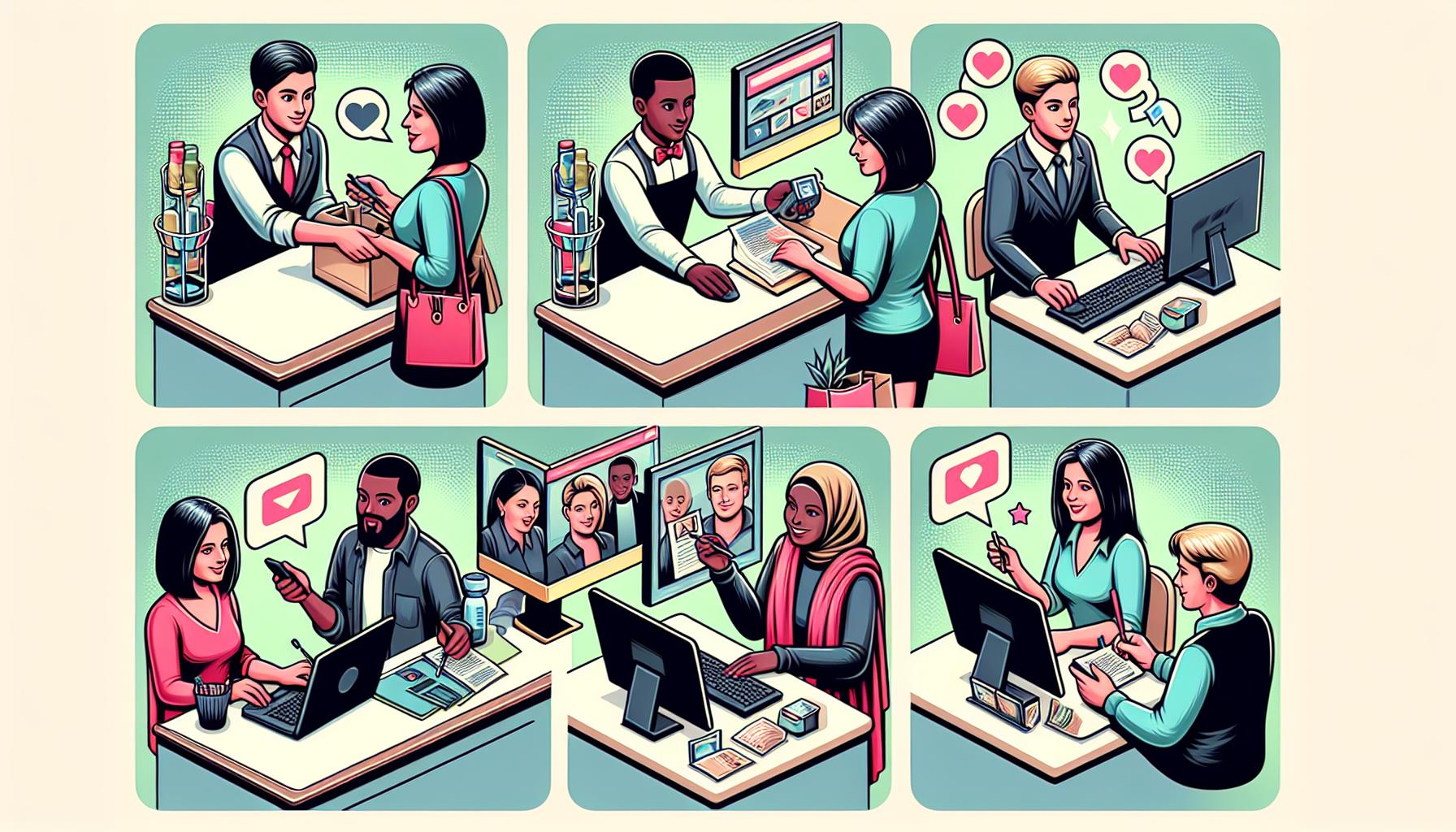 Illustration of people interacting in various customer service scenarios: at a checkout counter, through a computer, by phone, and online. Characters are diverse, engaging in both in-person and digital conversations.