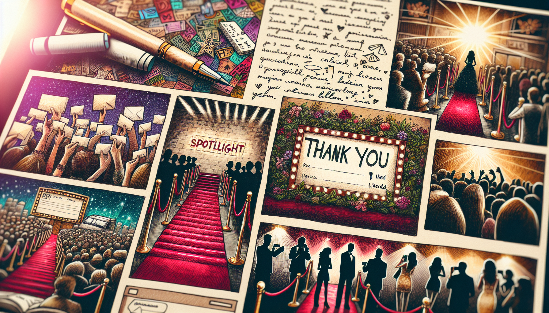 Illustrated comic-style collage featuring red carpets, an audience, a thank you card, and cameras. Various scenes depict a glamorous event with attendees showcasing brand advocacy techniques, photographers capturing the moments, and handwritten notes expressing appreciation.