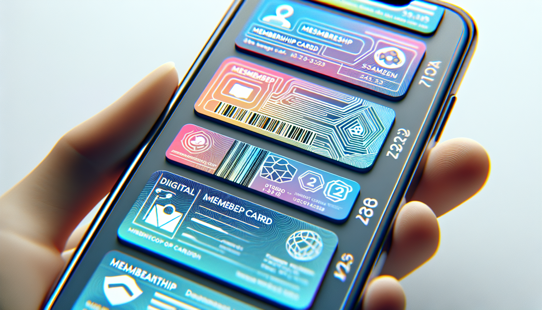 Close-up of a hand holding a smartphone displaying various electronic membership cards, each featuring different colors, icons, and barcodes within mobile wallets.