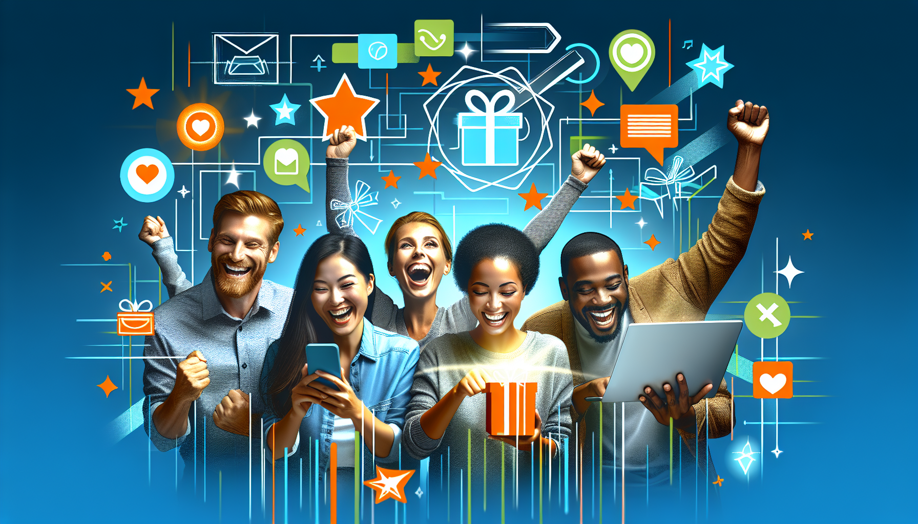 A diverse group of five people celebrate while using electronic devices. Various digital icons, such as messages, gifts, and stars, float around them against a blue background, highlighting the power of loyalty program software to enhance customer engagement.