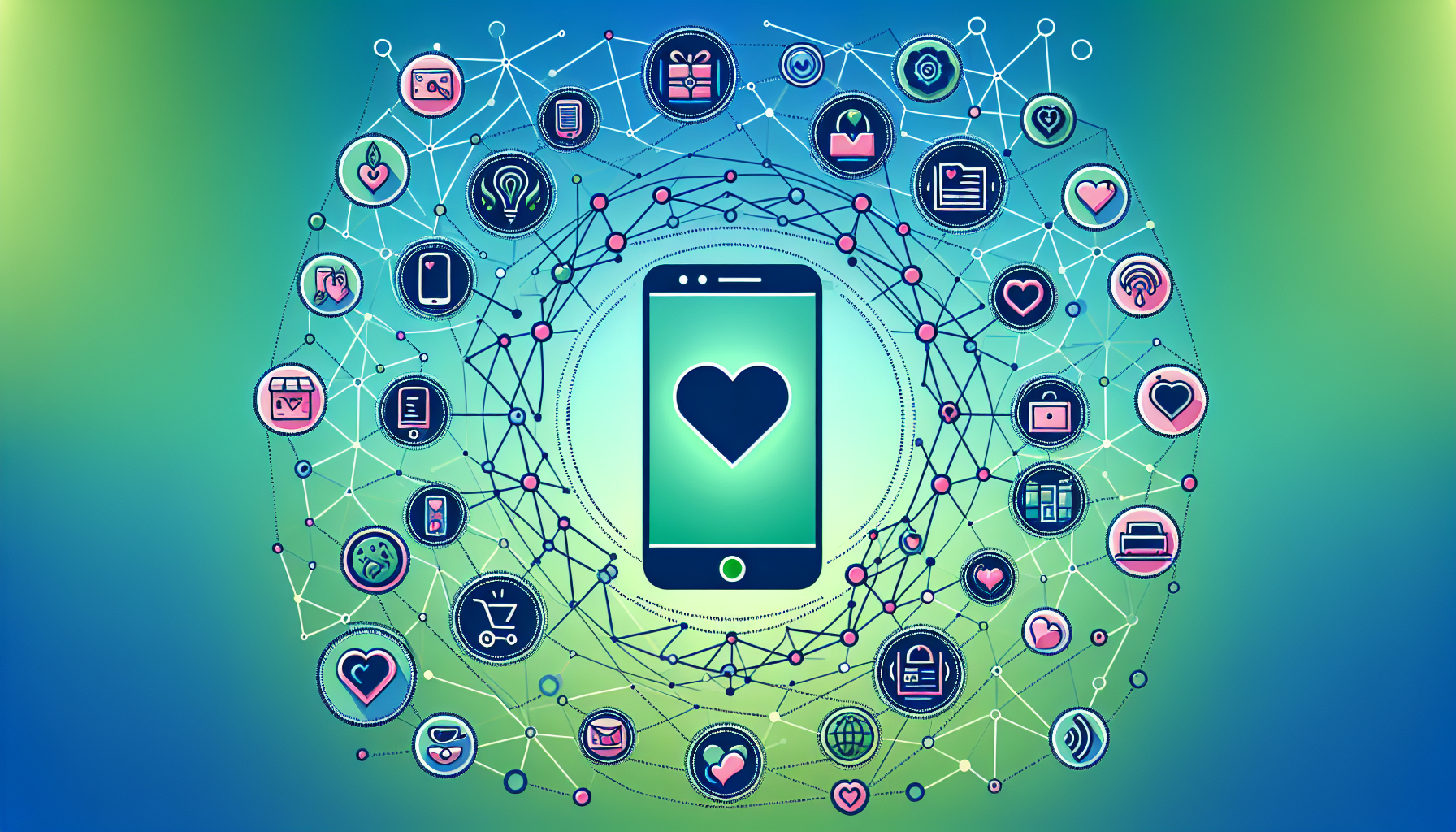 Illustration of a smartphone centered with a heart icon on its screen, surrounded by interconnected icons representing various online services and applications, highlighting the power of customer retention tools on a gradient blue-green background.