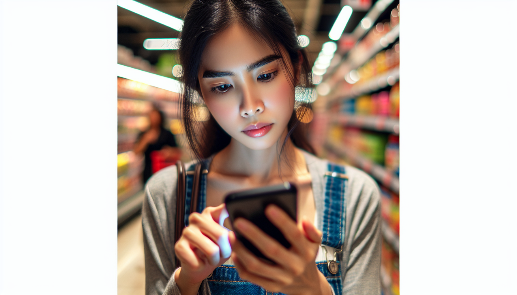 A woman wearing overalls uses her smartphone while standing in a supermarket aisle, exploring the benefits of a loyalty program to boost her brand loyalty.