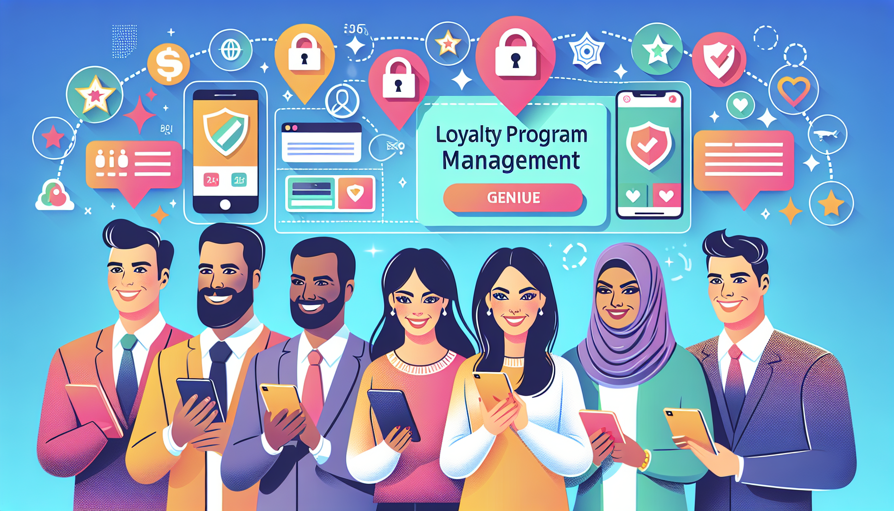 Illustration of seven diverse people, holding devices, smiling in front of a "Loyalty Program Management" sign with various digital icons and symbols in the background, highlighting customer engagement.