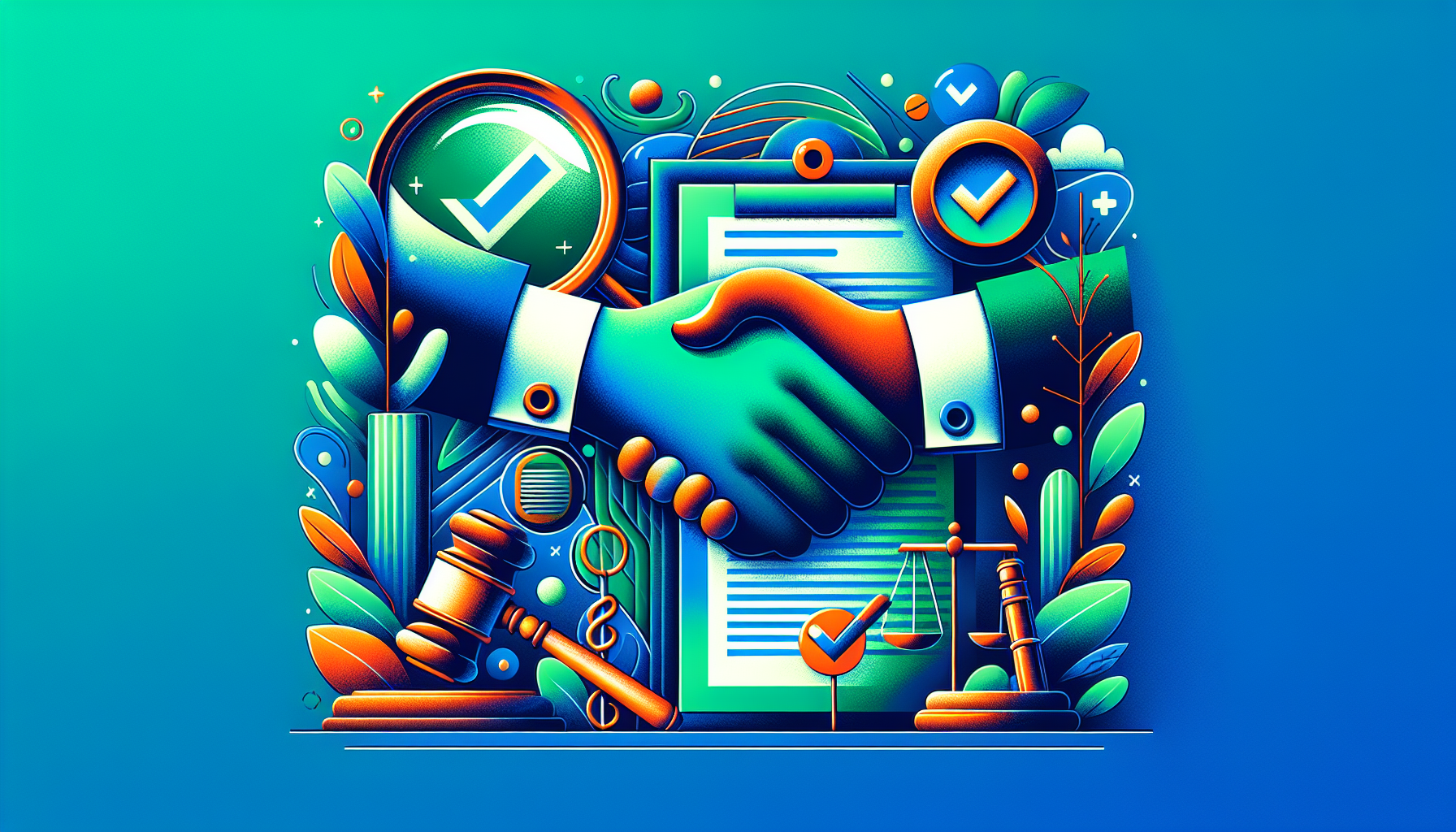 Illustration of two hands shaking over a legal document, surrounded by symbols like a gavel, scales of justice, and check marks, representing agreement and legal matters—a perfect metaphor for solidifying customer retention program names.