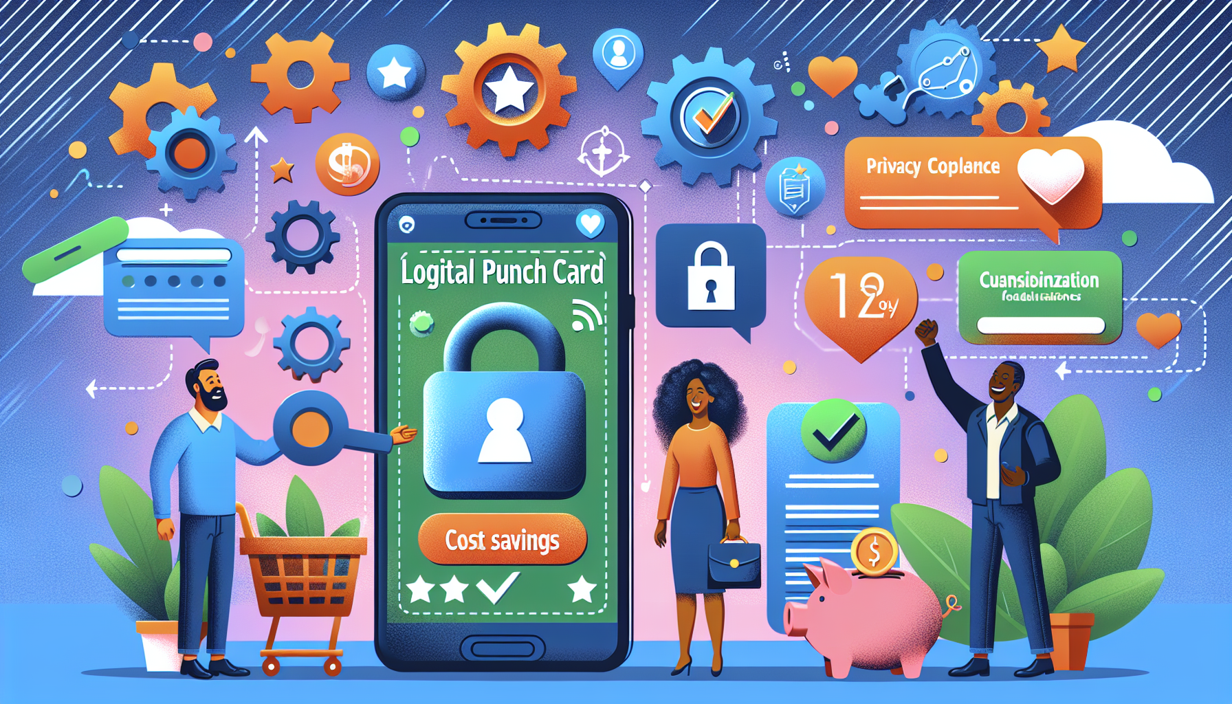 Illustration of a diverse group discussing a large smartphone displaying "Logical Punch Card" with icons for cost savings, privacy compliance, and customization amid gears, charts, and communication symbols, highlighting the benefits of loyalty rewards programs.