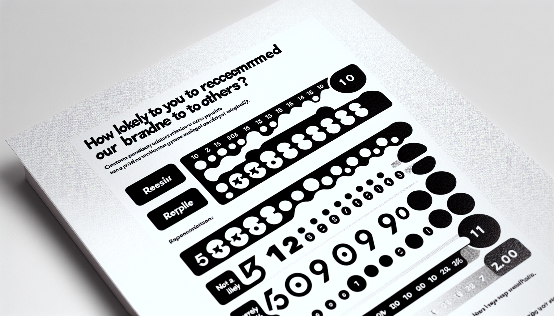 A survey form displaying various graphical scales and numbers, asking, "How likely do you recommend our brand to others?" with options ranging from 0 to 10, and a button to reset or resample responses, aims at measuring brand loyalty by assessing consumer satisfaction and loyalty.