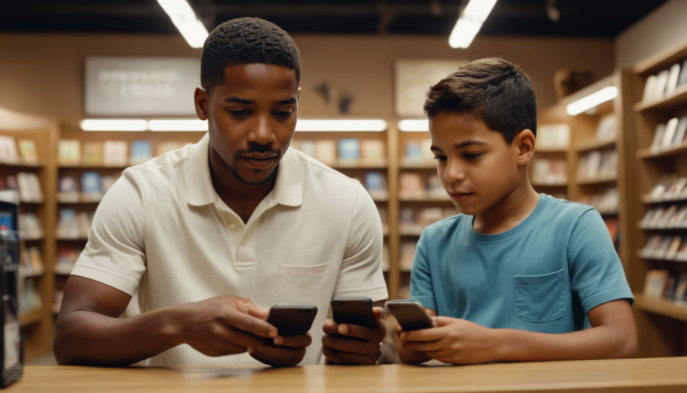 A young man and a boy researching customer loyalty program ideas on smartphones together.