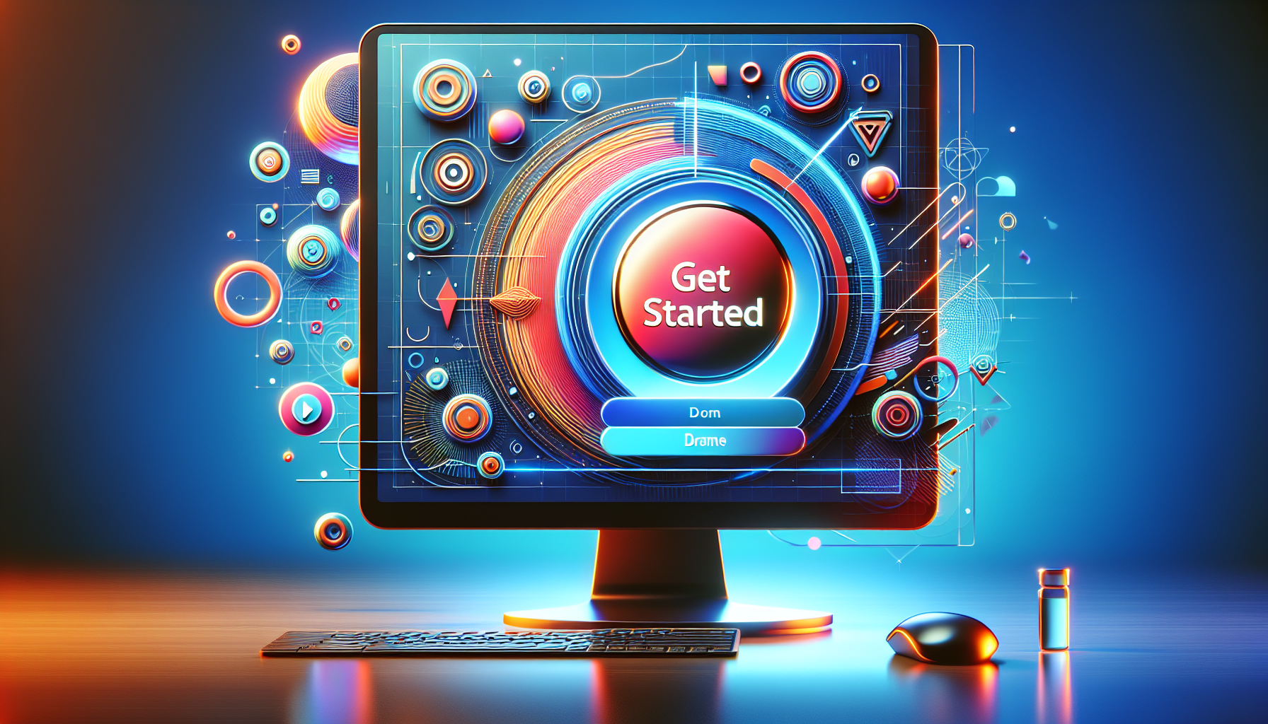 A computer monitor displays a colorful "Get Started" screen with vibrant abstract elements, accompanied by a keyboard and mouse on the desk. This scene is ideal for brainstorming name ideas for loyalty programs or utilizing a loyalty app naming tool.