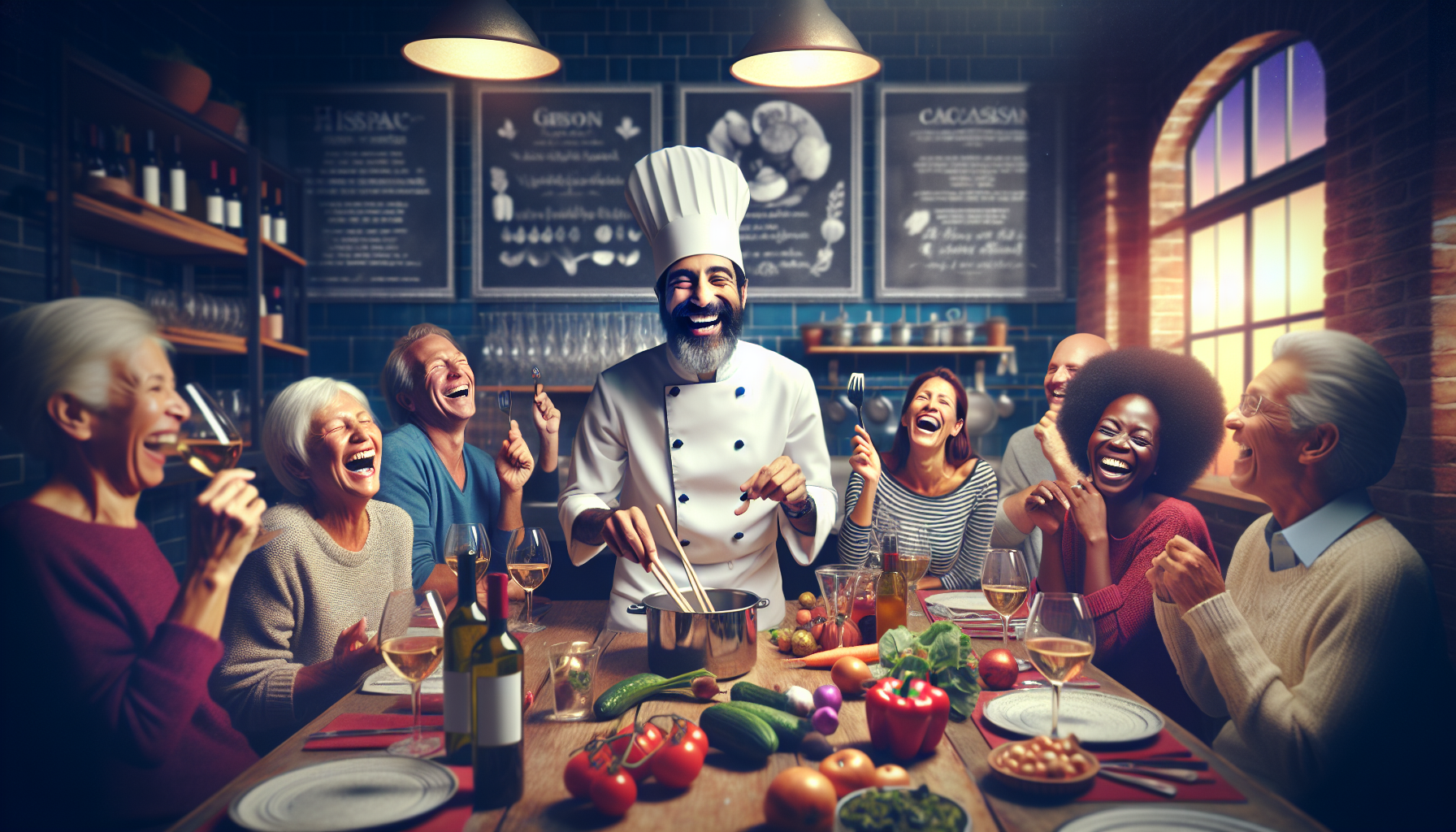 A diverse group of people laughing and enjoying a meal prepared by a chef at a rustic restaurant, enhanced by their participation in the restaurant loyalty system.