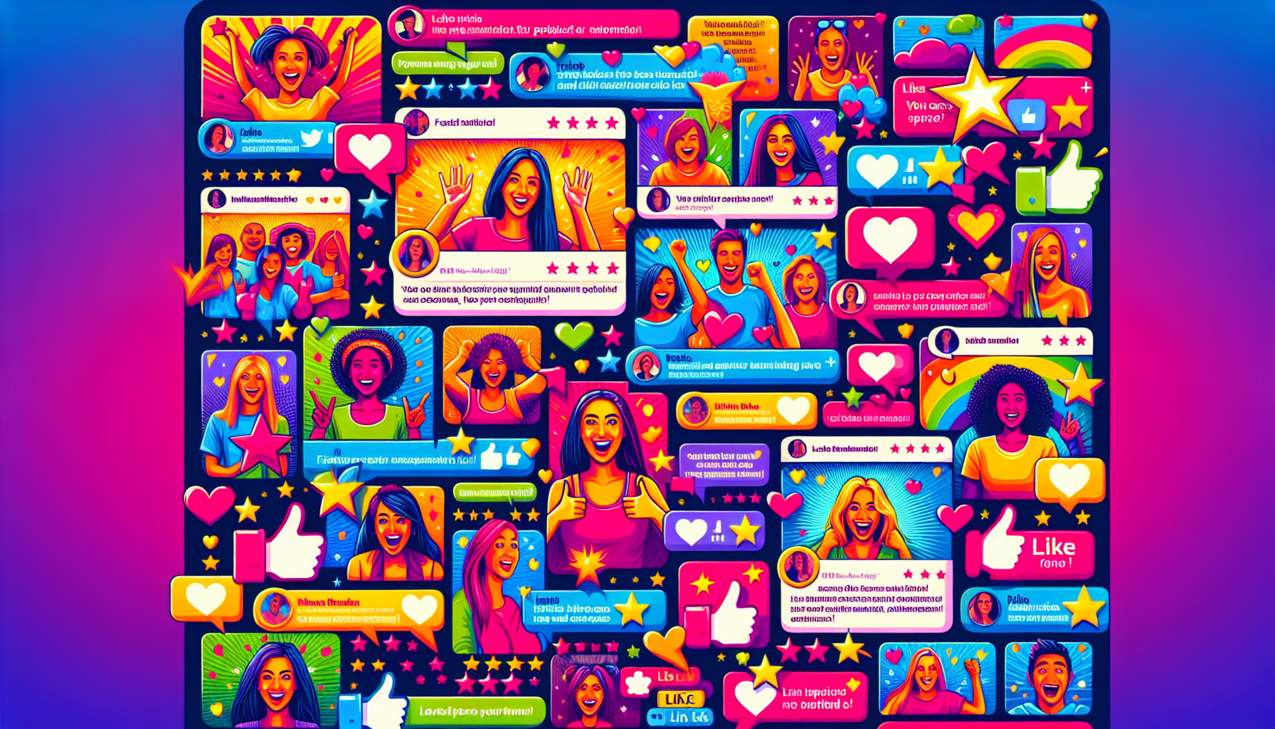 A vibrant collage of colorful social media posts featuring various reactions, likes, comments, and emojis, with images of diverse, smiling individuals—a testament to effective customer retention strategies.