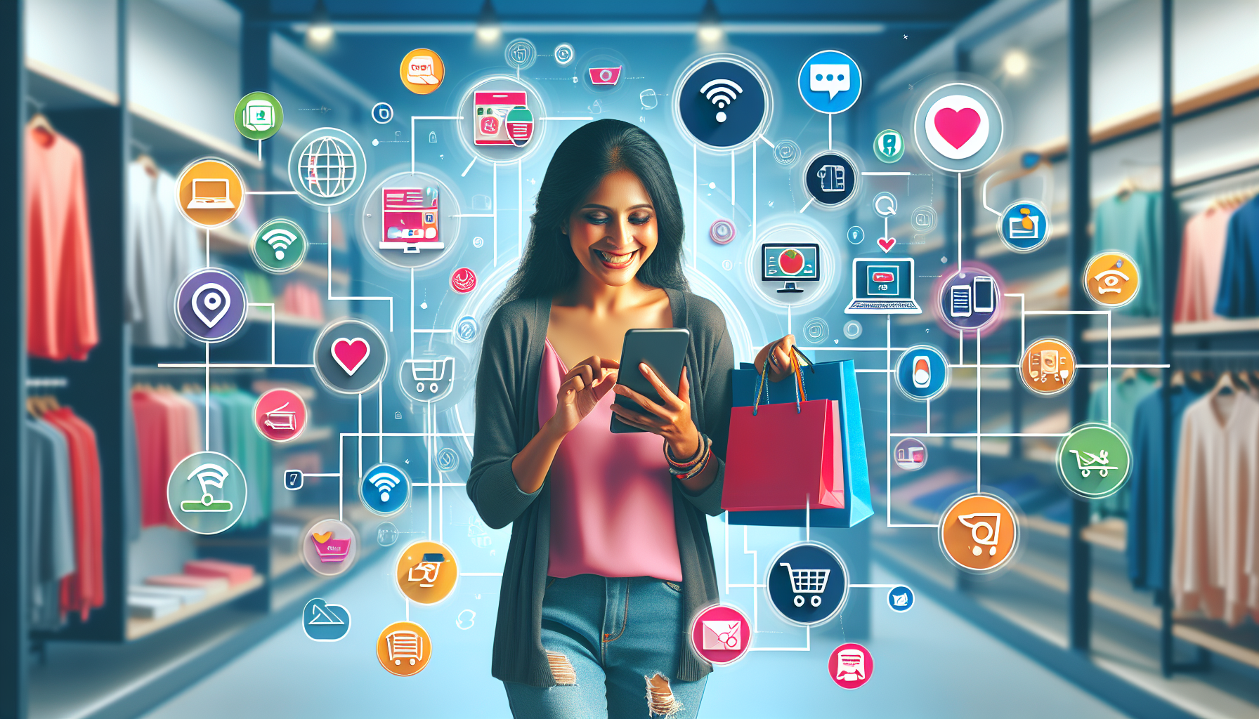 A woman stands in a clothing store, holding a smartphone and shopping bags, surrounded by digital icons representing various online shopping and social media applications. She navigates a rewards program management app, maximizing her savings and enhancing her shopping experience.