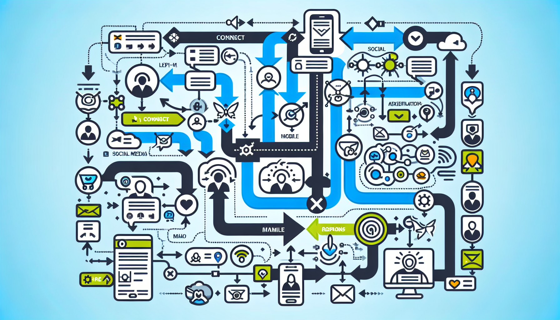 A complex flowchart with interconnected icons representing various digital marketing and social media processes, including mobile, social, email, and engagement components. Additionally, it highlights personalized experiences and loyalty programs designed to enhance customer satisfaction.