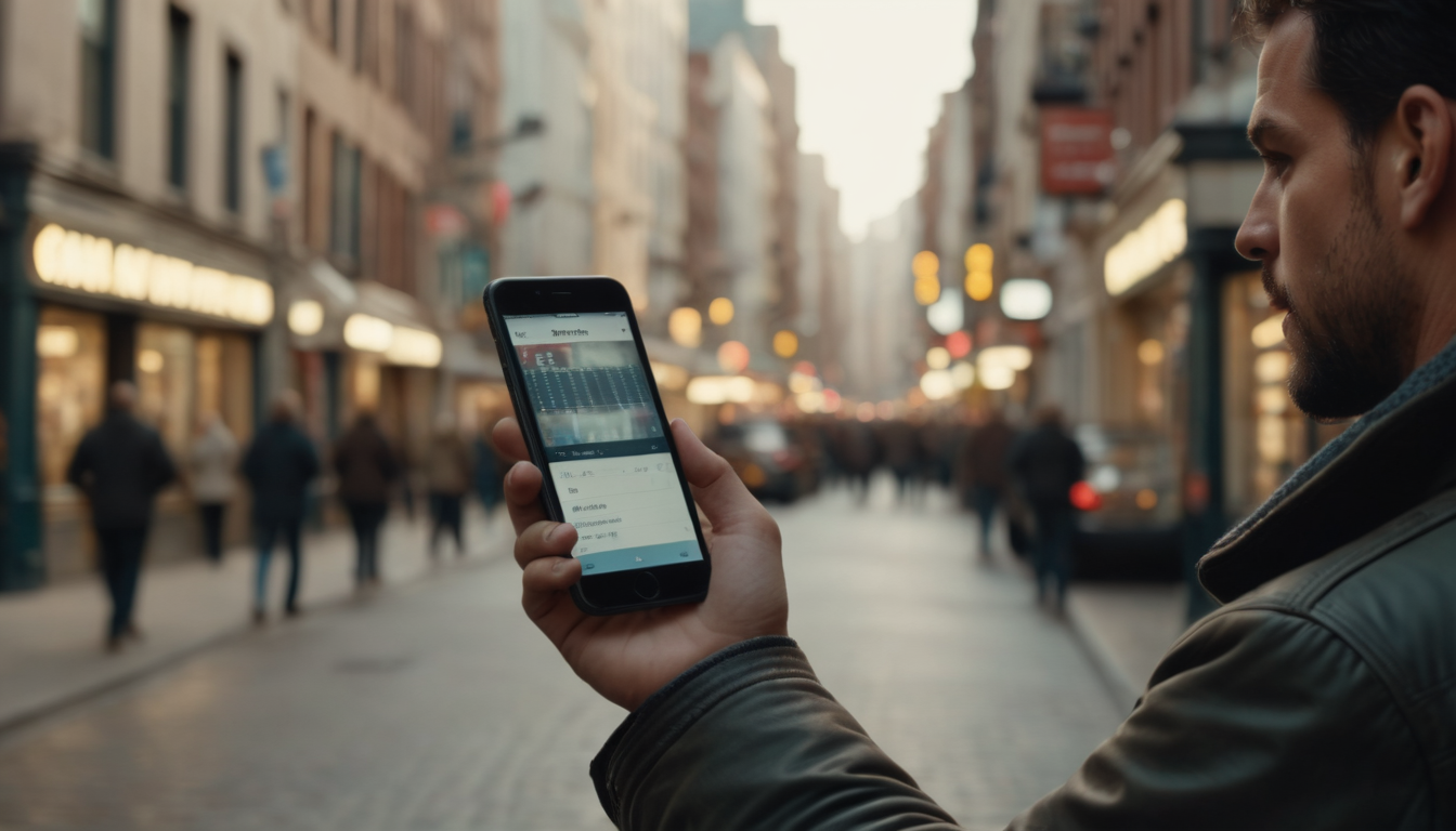 Man holding a smartphone with a digital punch card loyalty program open, standing on a busy city street at dusk.