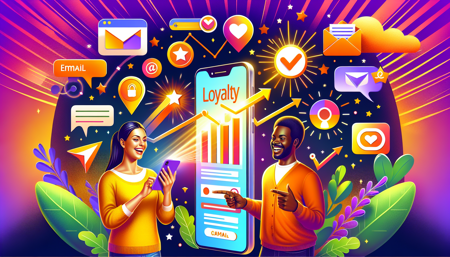 Illustration of two people, one holding a smartphone surrounded by icons representing emails, messages, hearts, and notifications. At the center, a large cellphone displays the word "Loyalty," highlighting the importance of membership programs for customer retention.