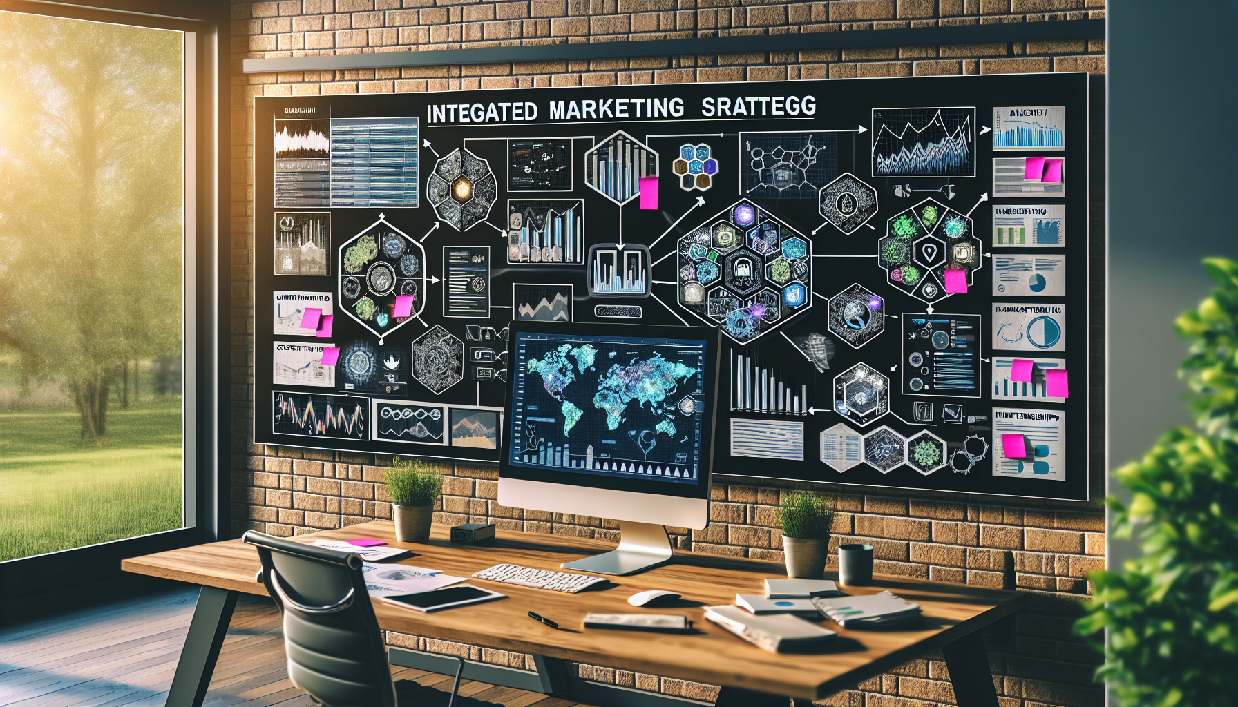 A modern workspace features a wooden desk with a computer and various items. A large wall screen displays a complex integrated marketing strategy with charts, graphs, and world maps, highlighting the referral marketing benefits essential to successful campaigns.