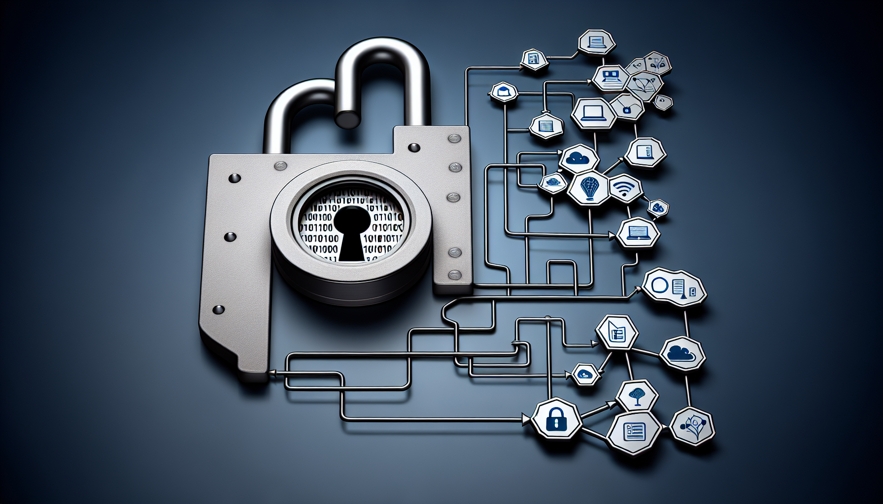 A padlock with binary code and interconnected technology icons representing cybersecurity, data protection, and network security concepts against a dark blue background, symbolizing the integration of customer loyalty analytics in fortifying digital defenses.