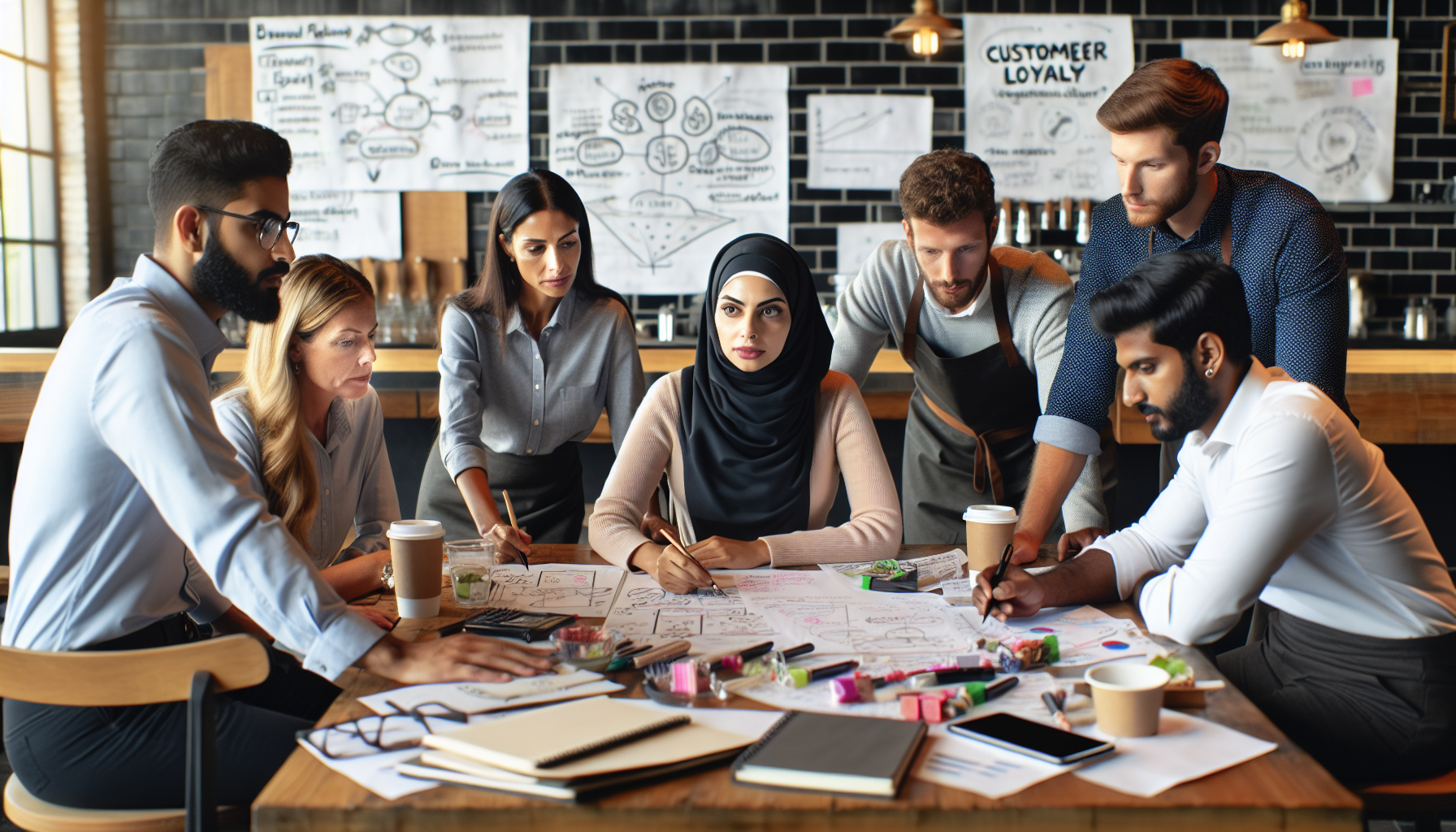 A diverse team collaborates around a table covered in documents and markers, brainstorming charts and notes on the wall behind them, focused on customer loyalty programs for restaurants to enhance customer retention strategies.