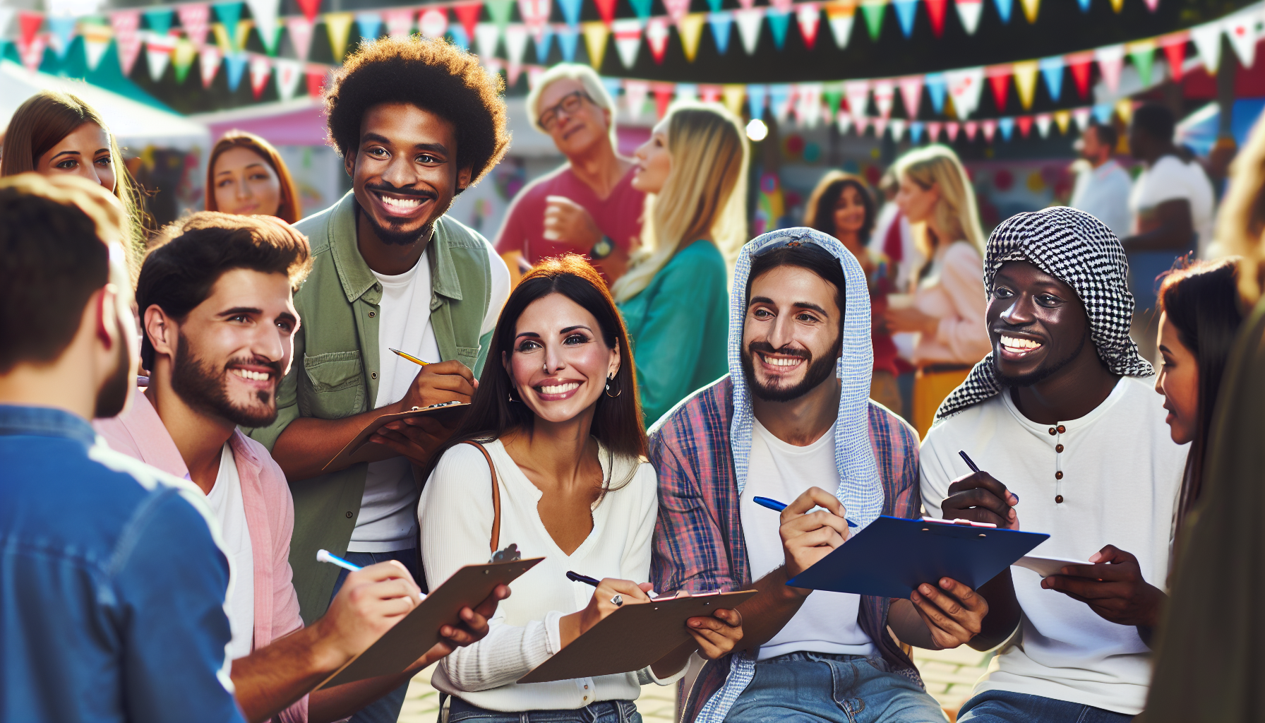 A diverse group of people, smiling and holding clipboards, stands together at an outdoor event adorned with colorful pennant flags. In the background, other attendees and booths can be seen, contributing to a lively atmosphere focused on customer satisfaction measurement.