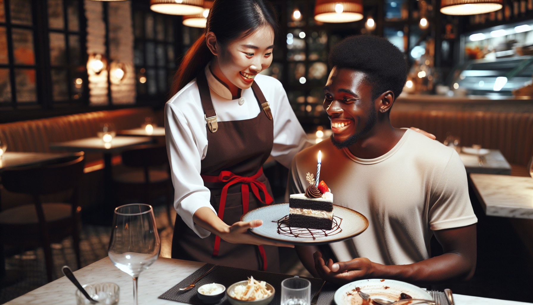 A person in a restaurant receiving a dessert with a lit candle from a smiling server, showcasing the establishment's commitment to customer loyalty programs for restaurants.