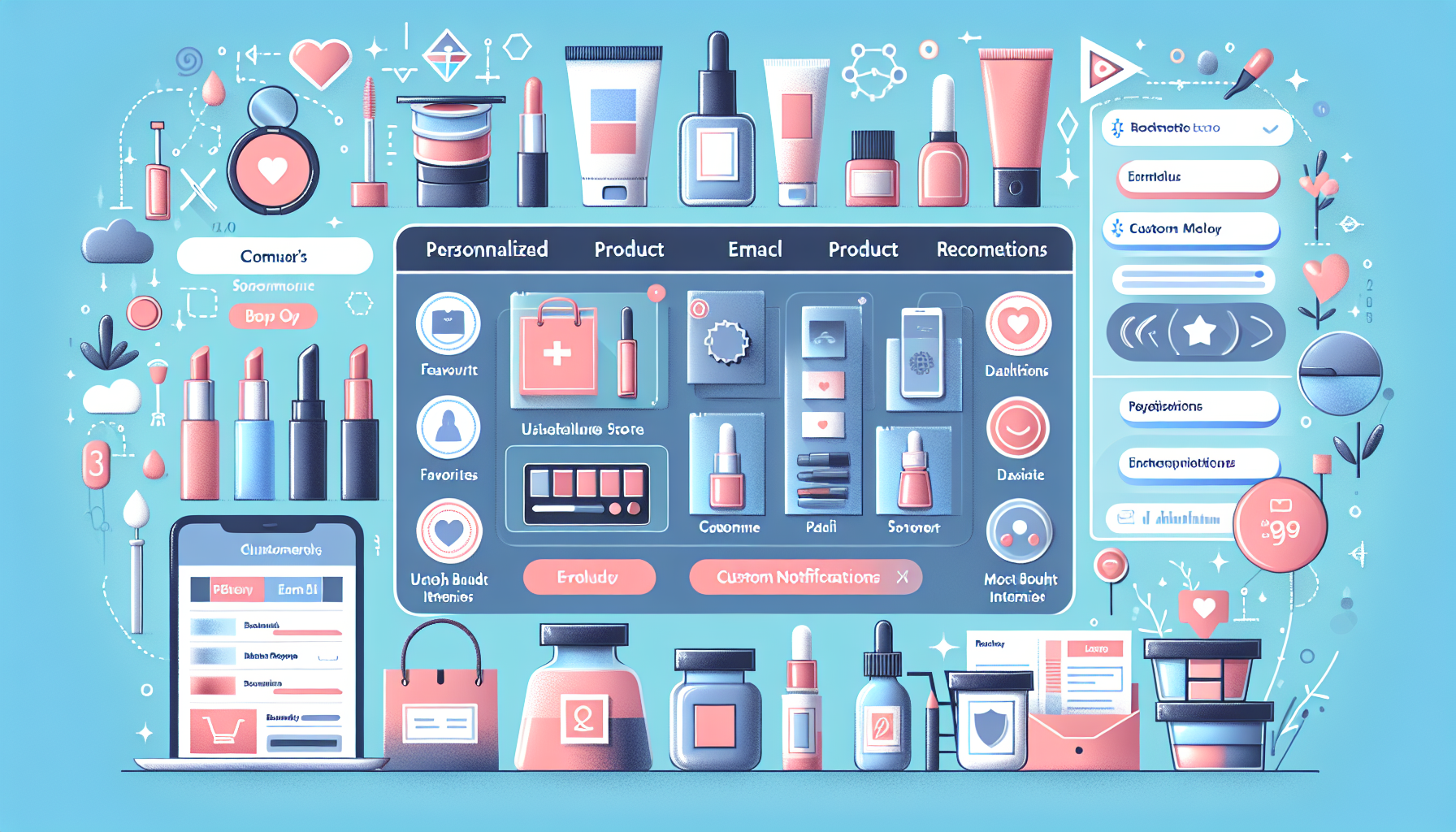 Illustrated interface showcasing various skincare products, ratings, and recommendations, with user customization options and shopping carts against a blue background. The platform integrates Sephora VIP tiers to enhance the shopping experience.