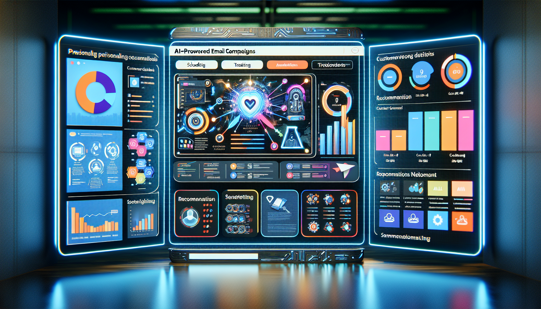 A set of three futuristic digital dashboards displaying various data visualizations and analytics for AI-powered email campaigns, customer data, and recommendations to enhance customer retention strategies.