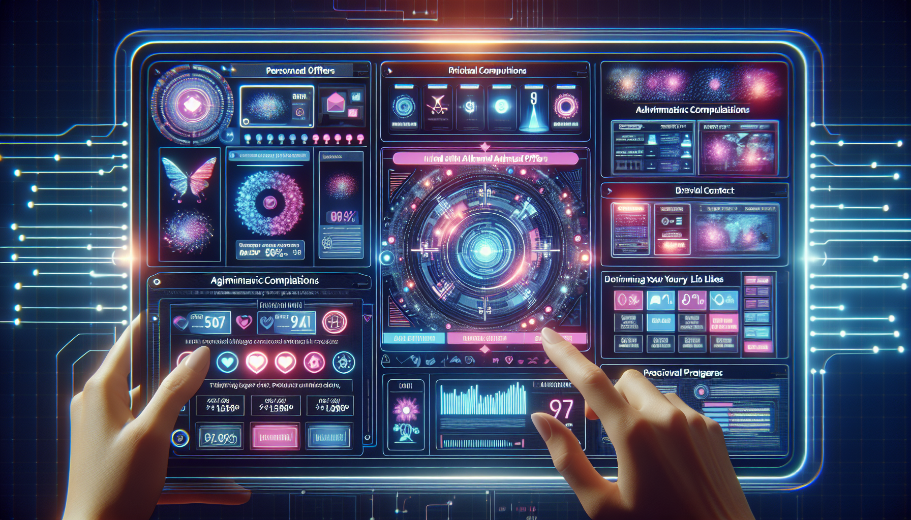 Person interacting with a futuristic touchscreen interface displaying various digital data, charts, and controls, including percentages, icons, and graphs for managing digital loyalty cards.