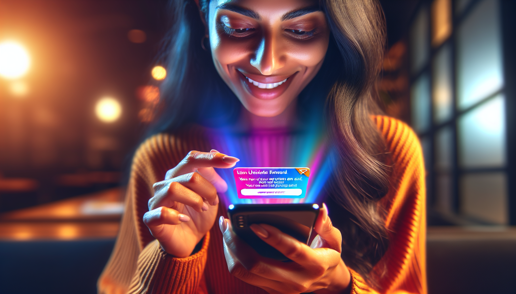 A woman smiles while looking at her smartphone, her finger touching a holographic notification that reads "User Unlocked Reward" glowing above the screen. The background is softly lit and blurred, highlighting the effectiveness of the customer loyalty program.