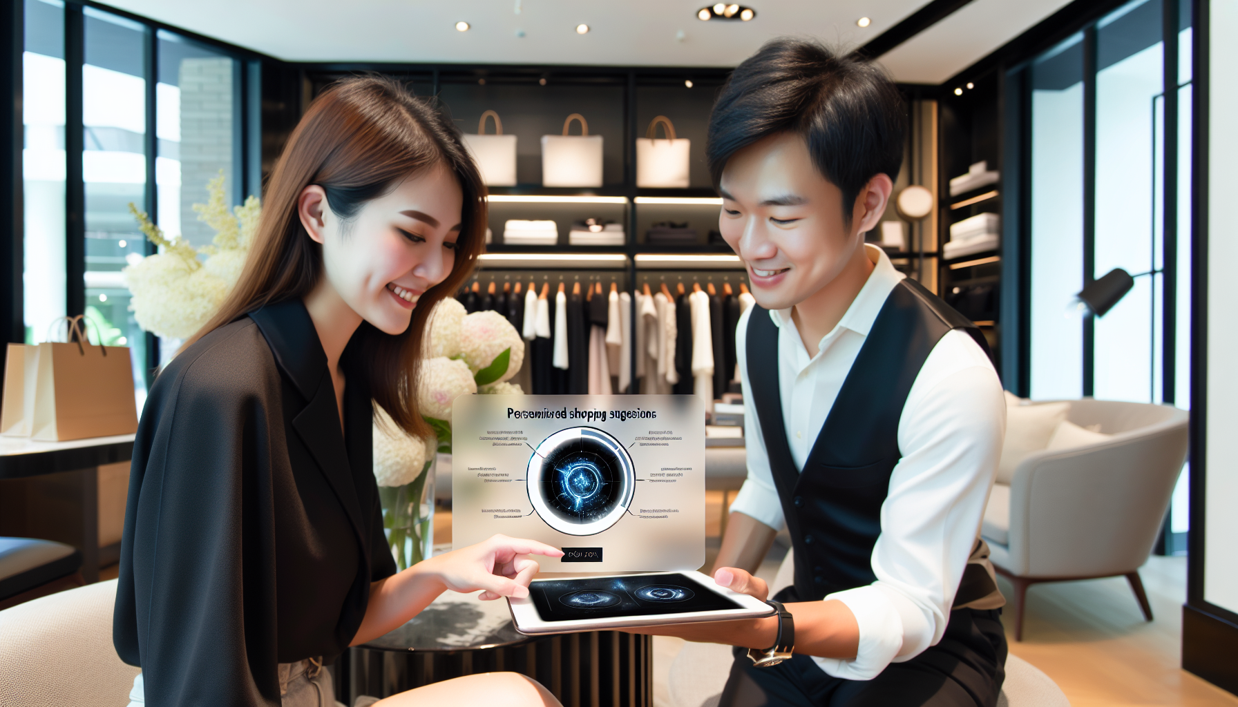 Two people in a modern store discuss personalized shopping analytics displayed on a tablet, highlighting the impact on customer satisfaction. The background features shelves with bags and vases with white flowers.