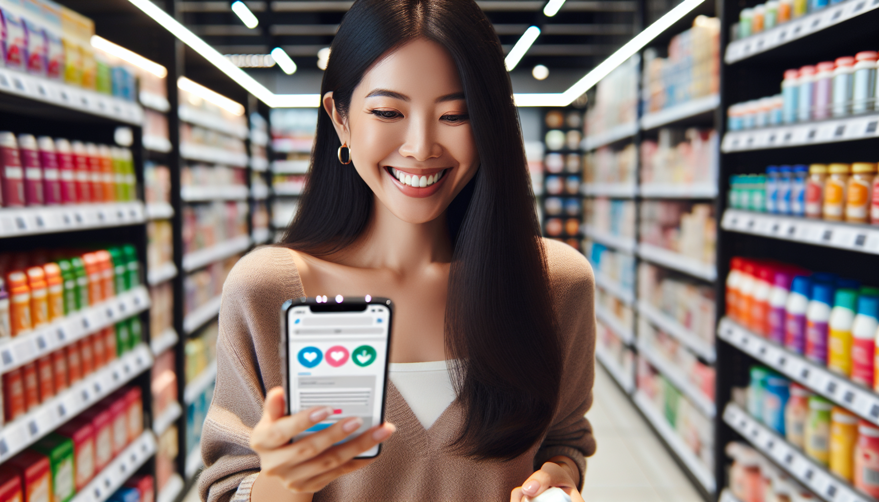 A woman in a store aisle smiles while looking at her smartphone, holding a shopping basket. The background shows shelves stocked with various products, as she checks out the latest membership benefits on her rewards card for the store.