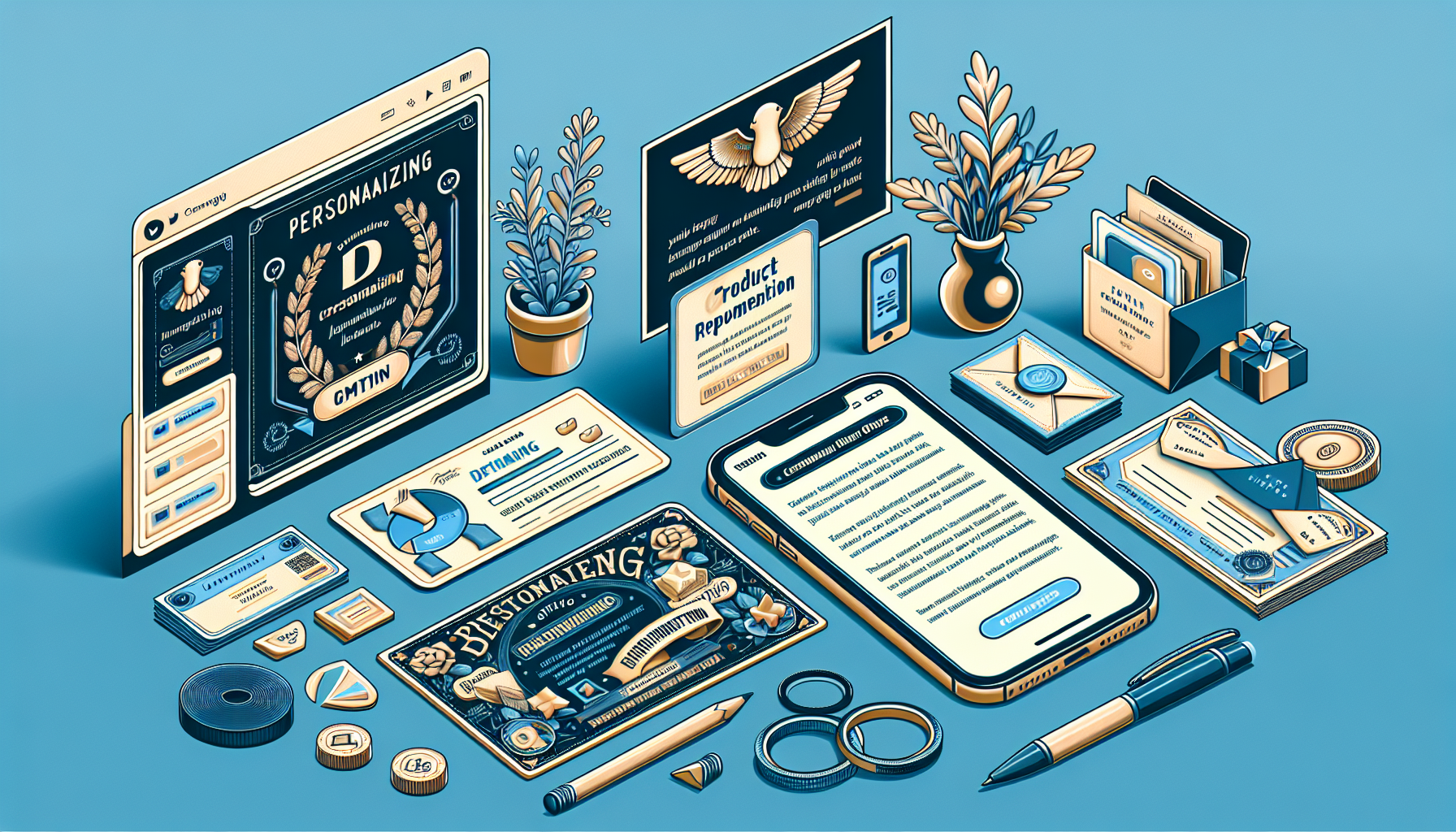 A detailed isometric illustration depicts a workspace with various office supplies, electronic devices displaying documents on customer retention strategies, and business-related items, all arranged neatly on a blue background.