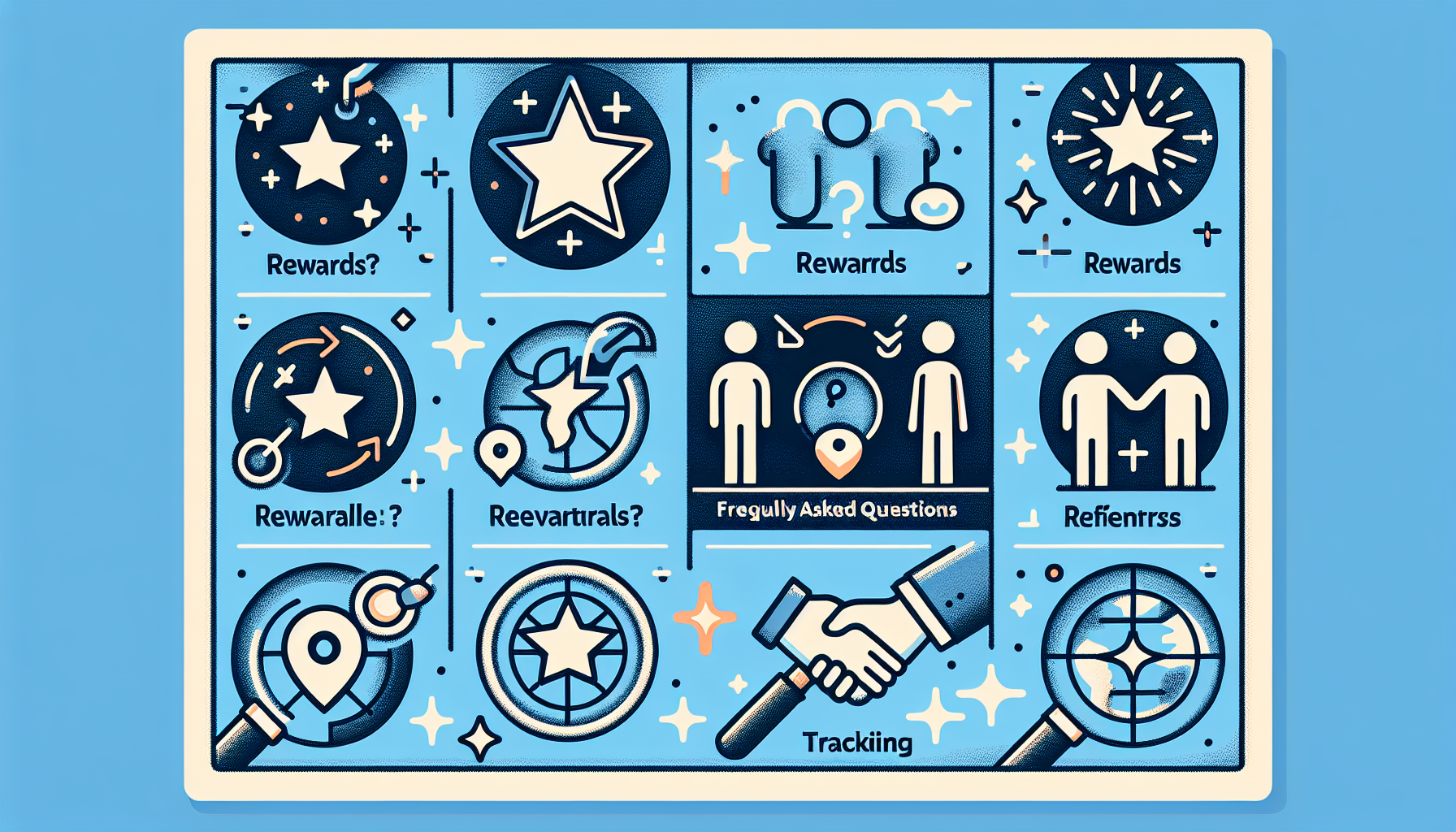 Image depicting various symbols related to rewards, photography referral programs, and tracking, featuring stars, magnifying glasses, and handshake icons against a blue background with stylized text.