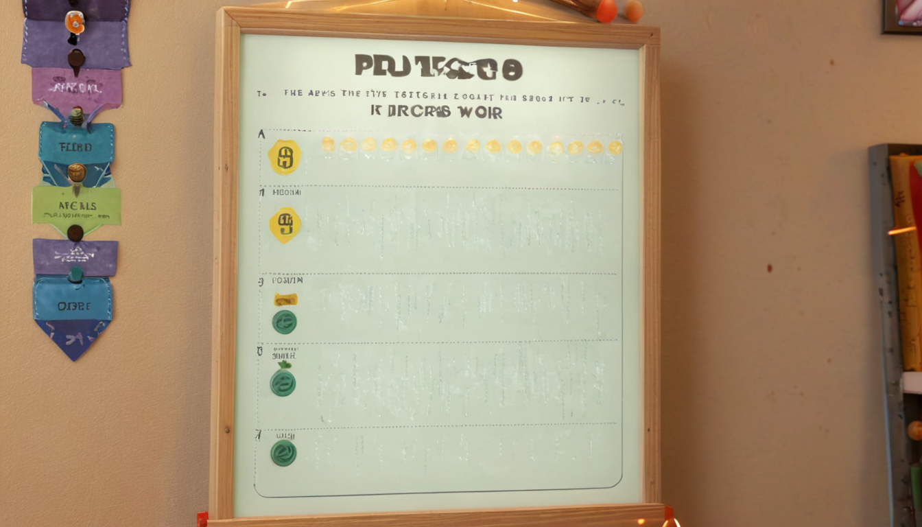 A household chore chart is displayed on a wooden-framed whiteboard, featuring rows with circular stickers indicating completion of chores such as feeding pets, cooking, and general tasks—much like effective customer retention strategies track engagement to boost loyalty.