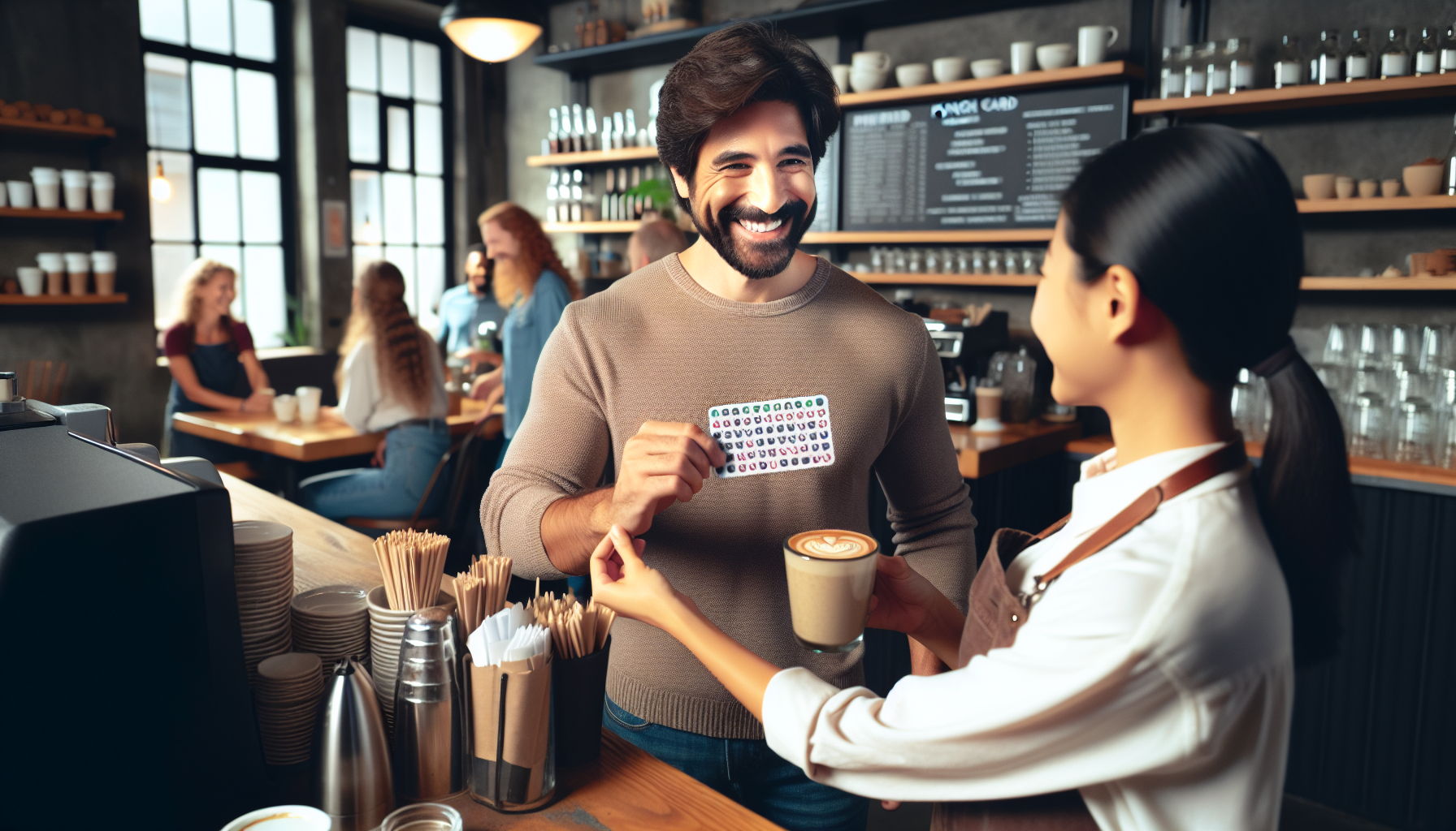 A man with a beard smiles and holds a loyalty card at a coffee shop counter while a barista hands him a latte. It’s one of many moments that demonstrate effective customer loyalty programs. Other customers are seated and enjoying their drinks in the background.