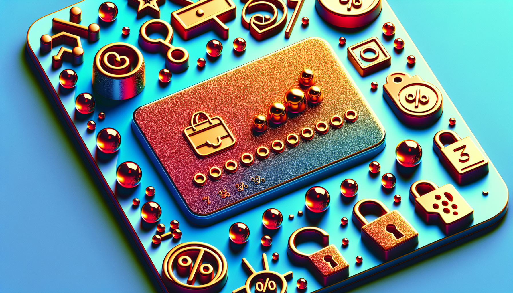 A colorful circuit board with various icons such as locks, percentage signs, and shopping bags, symbolizing digital security, online shopping, and loyalty rewards strategy.