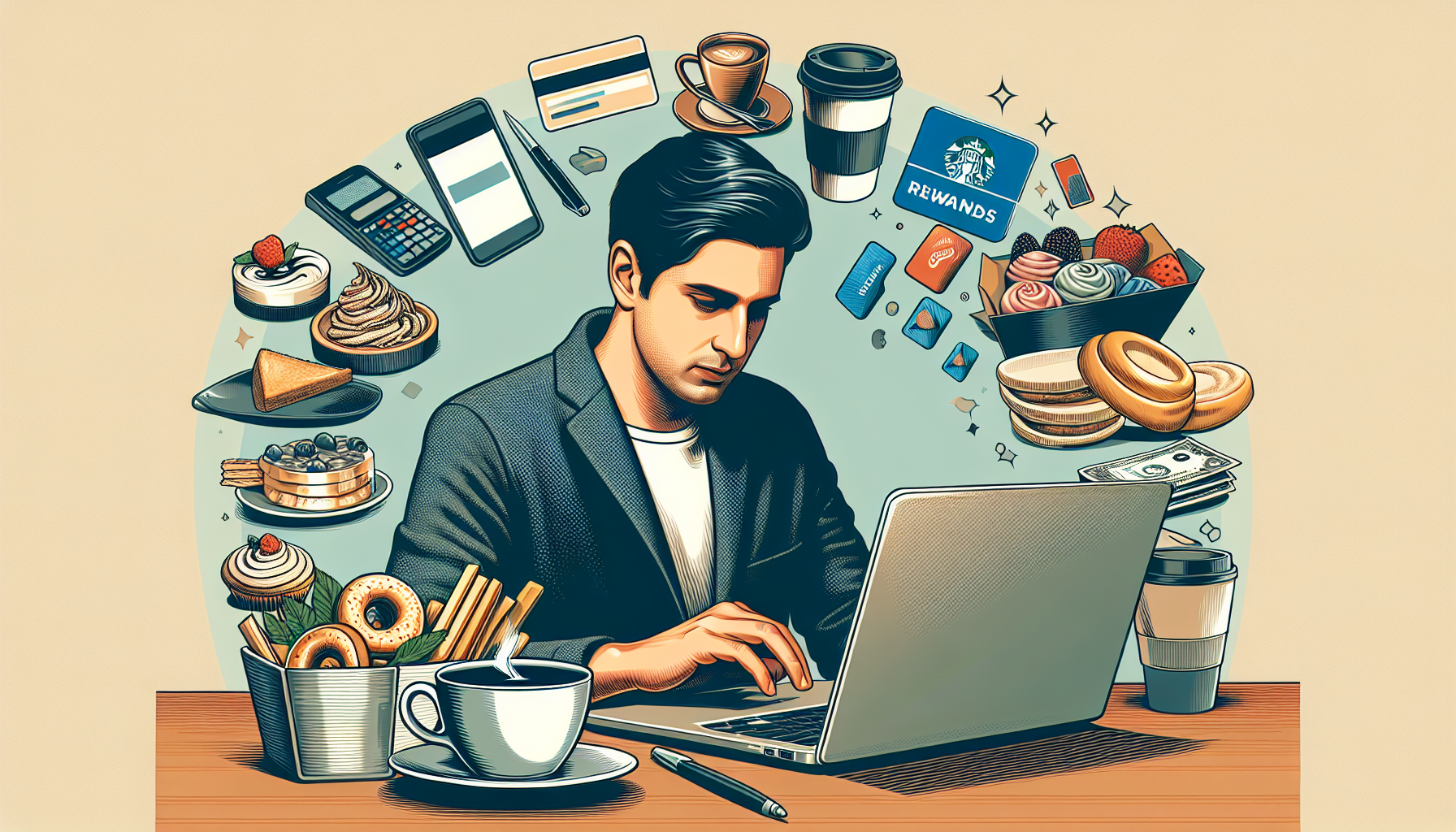 A person working on a laptop is surrounded by illustrations of coffee, pastries, payment cards, and loyalty rewards. Financial and food-related items float around them, highlighting membership benefits through points accumulation and customer rewards.