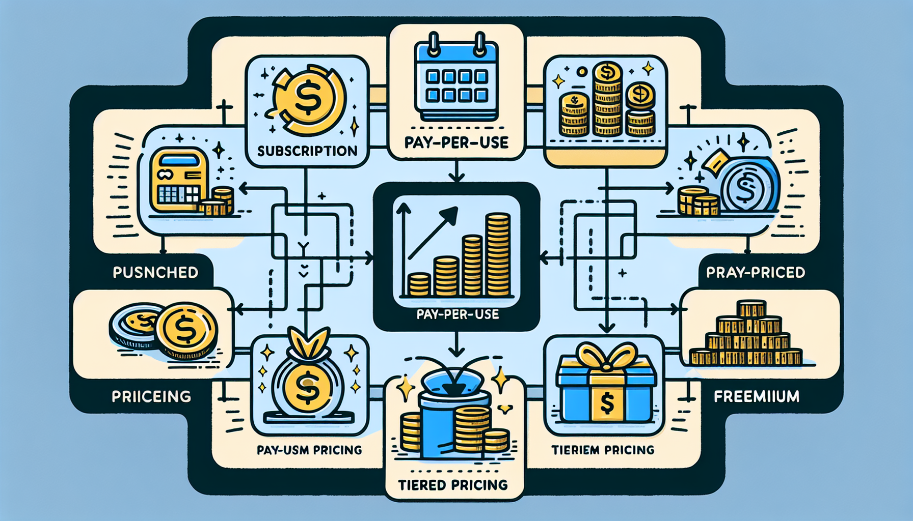 Flowchart illustrating various pricing models: subscription, pay-per-use, freemium, tiered, and pay-as-you-go. It integrates a Customer Loyalty Program with icons of coins, calendars, and graphs linked by arrows for enhanced engagement.