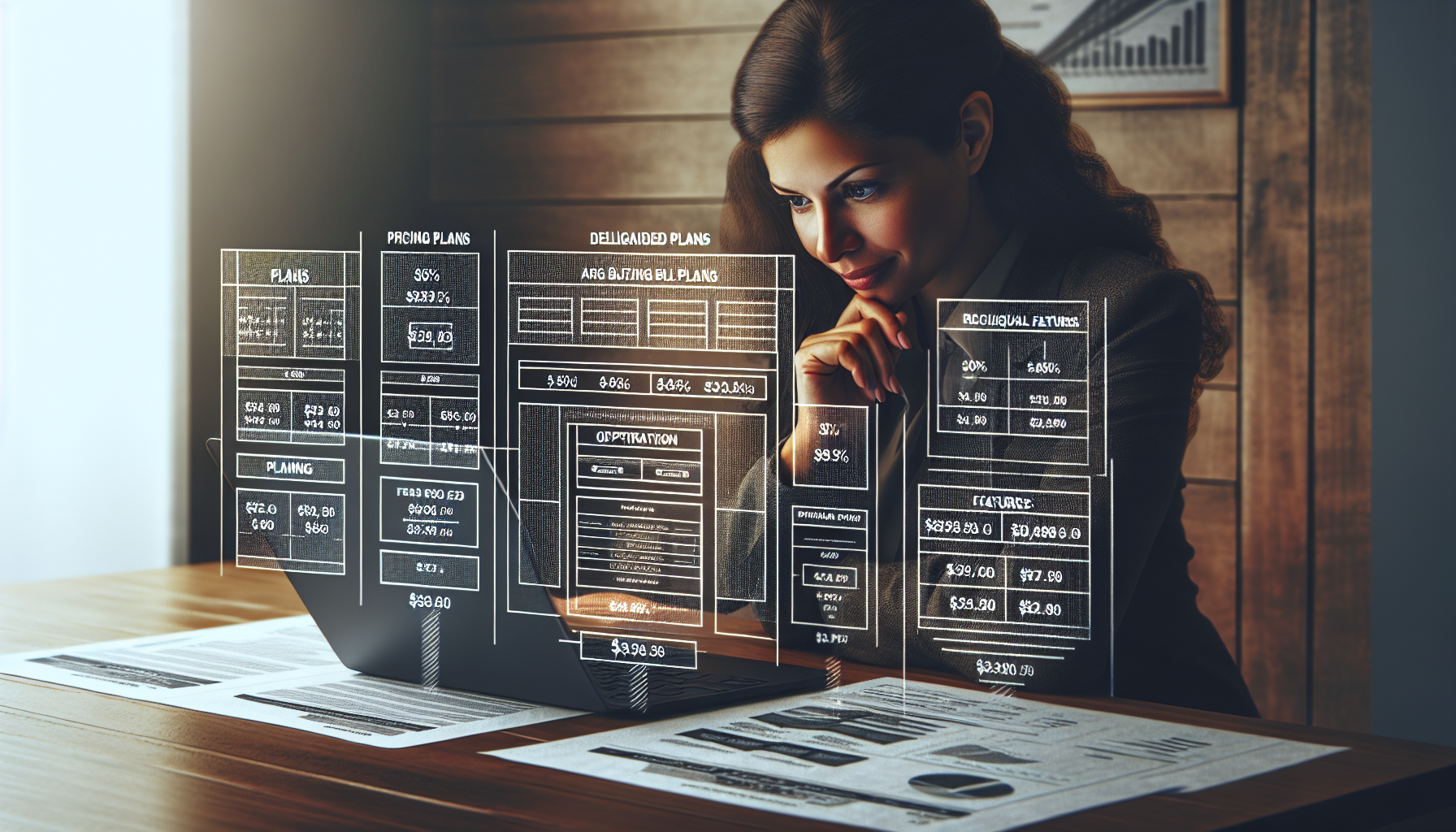 A person sits at a desk, looking at a holographic display of various detailed charts, graphs, and pricing plans for customer engagement software, with documents spread out on the table.