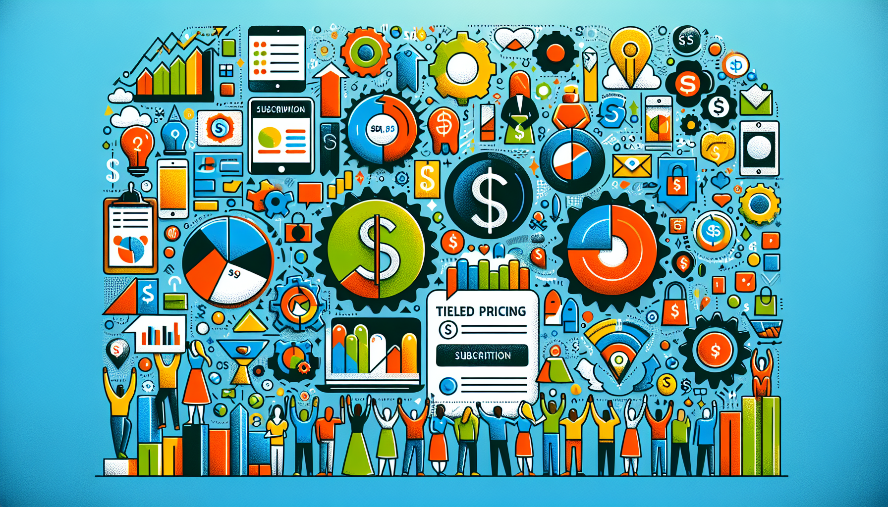 Illustration of various financial and business icons including dollar signs, graphs, gears, and subscription plans, with a group of people cheering at the bottom. The scene subtly integrates elements of a Customer Loyalty Card Software in action.