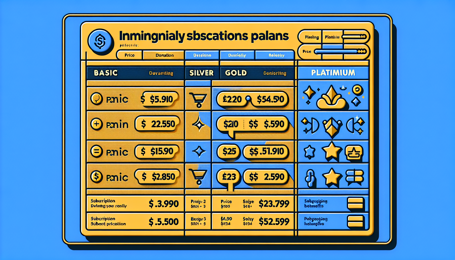 A colorful subscription plan comparison chart with four tiers: Basic, Silver, Gold, and Platinum, listing varying fees, features, and benefits of our mobile loyalty solutions, with icons for clarity.