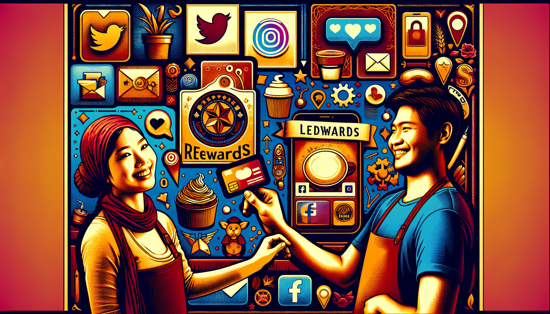 Two people stand in front of a backdrop filled with social media icons, cupcakes, and reward symbols. One holds a smartphone displaying a rewards app, while the other enthusiastically points to digital punch cards.