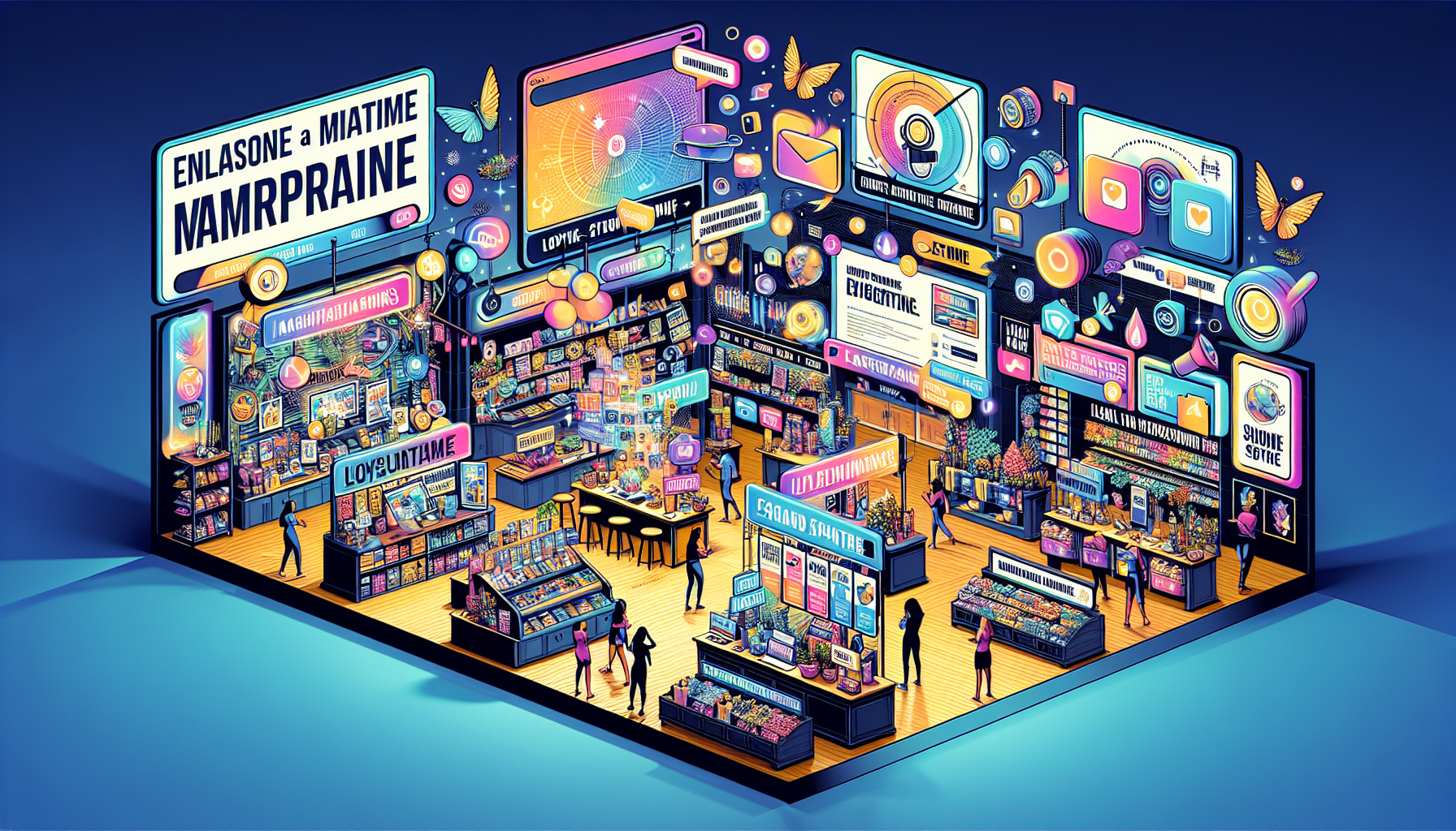 A colorful digital illustration of a modern multimedia store interior filled with various gadgets, electronics, and displays. Numerous customers are browsing and interacting with products, highlighting the @SEO advantages of a well-organized tech retail space.