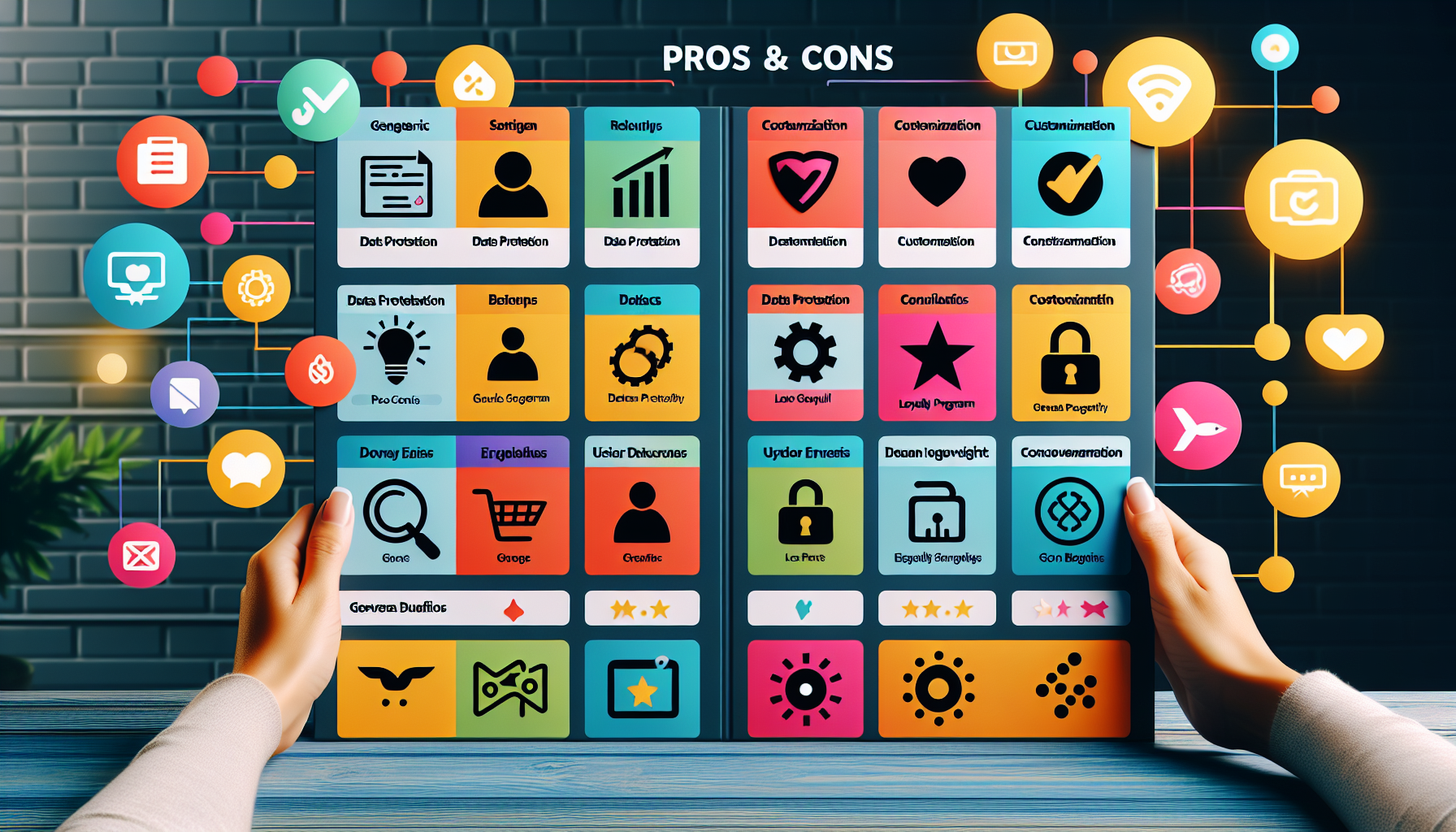 Two hands holding a colorful chart with "Pros & Cons" at the top, various icons representing categories like mobile customer loyalty, and descriptive text. Social media and technology icons are displayed in the background, illustrating a digital rewards program.