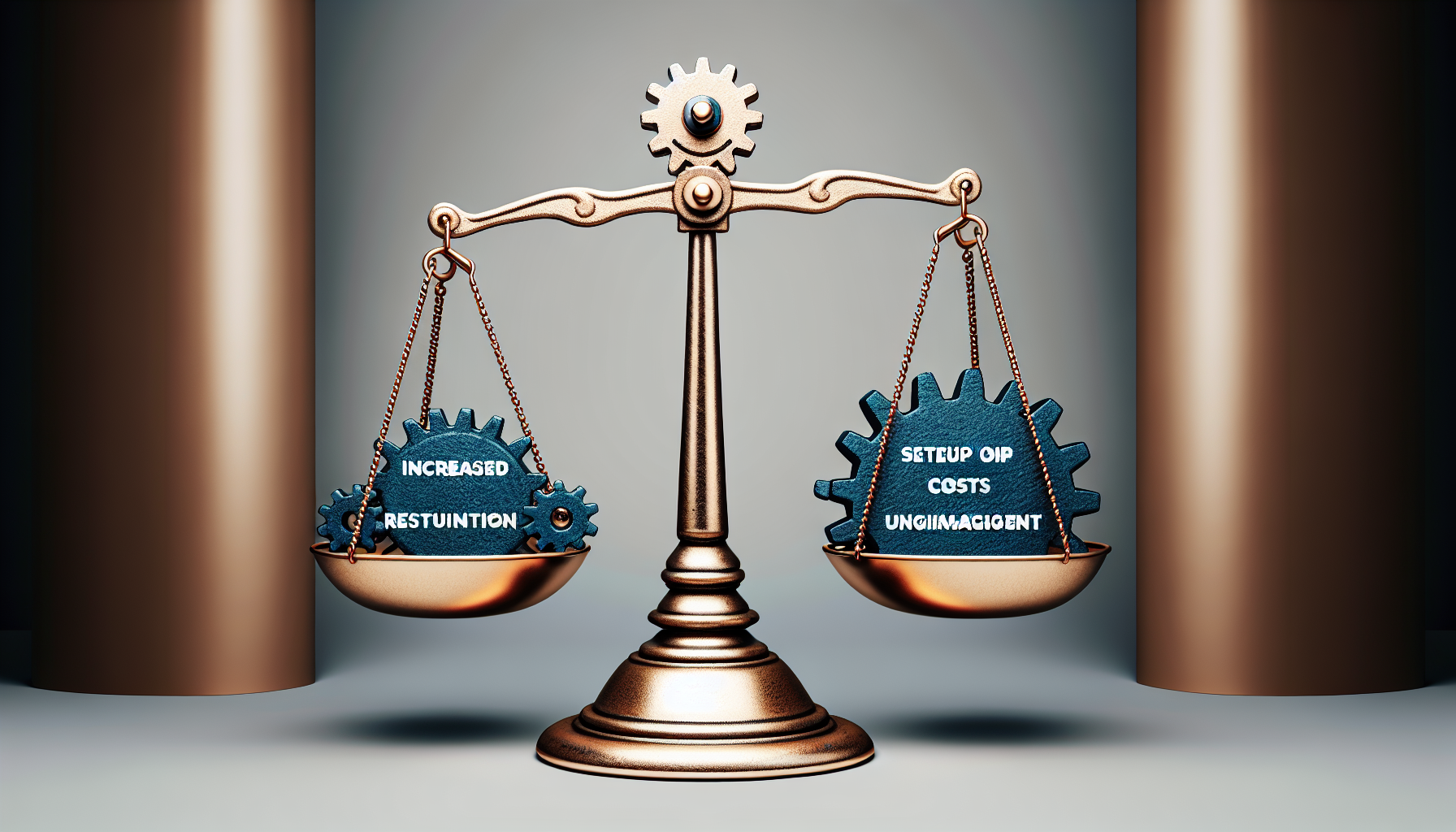 A balance scale with "Increased Restitution" on the left side and "Setup CIP Costs Unimaginable" on the right side, symbolizing a trade-off between these concepts, much like weighing the benefits of a small business loyalty program against its implementation costs.