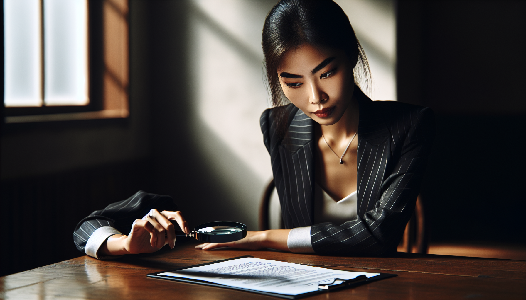 A woman in a pinstripe suit sits at a wooden table, holding a magnifying glass and closely examining a document related to an auto lease purchase. Sunlight filters through a nearby window, casting shadows in the room.