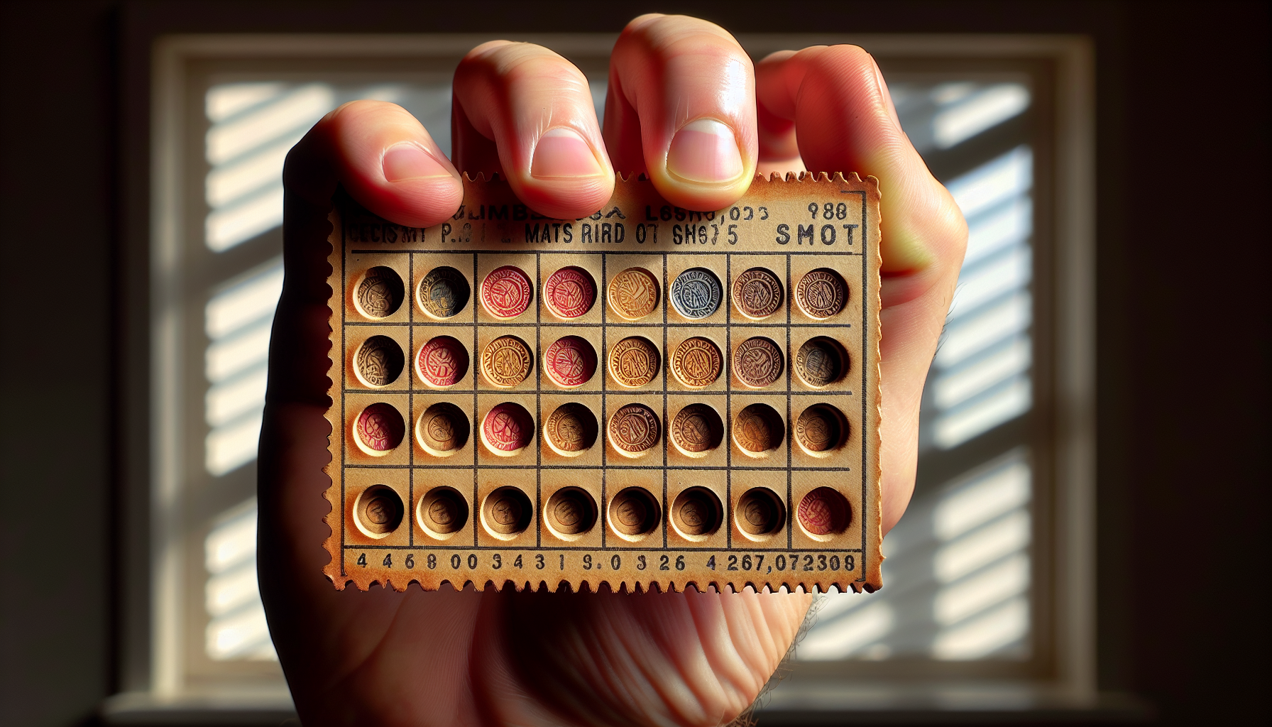 A hand holding a perforated punch card with various holes punched in a grid pattern, reminiscent of salon loyalty programs, framed against a background with window blinds.