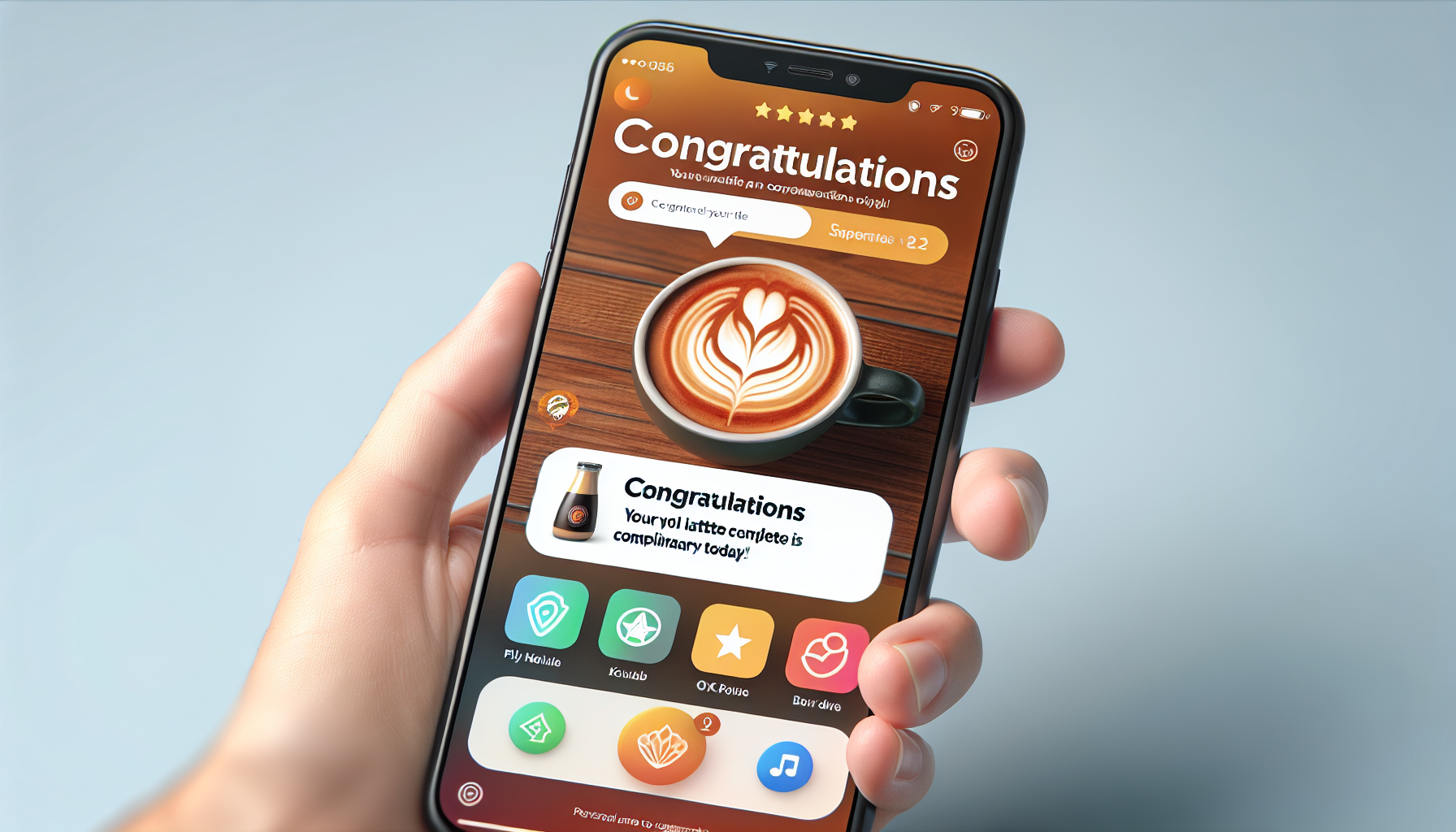 A hand holding a smartphone displaying a "Congratulations" message with an image of latte art coffee, seamlessly integrated with Punch Loyalty's digital loyalty programs. The screen also shows various app icons at the bottom.