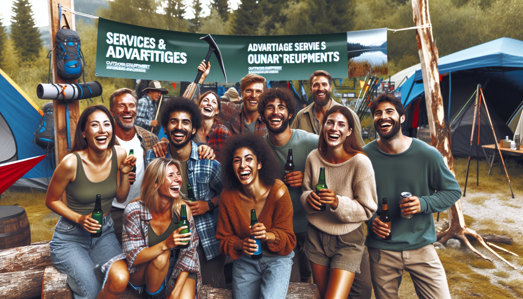 A group of people stand and smile while holding beverages in an outdoor campsite setting with tents around. Two banners in the background contain spelling errors, promoting a points-based rewards system for loyal members.