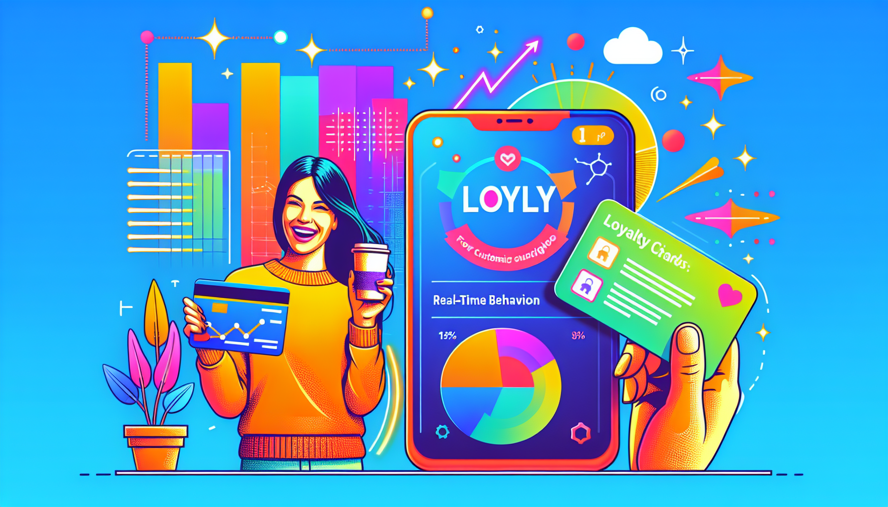 A person holds a tablet with a bar chart, smiling at a smartphone screen displaying "LOYLY" and a pie chart. A hand holds a loyalty punch card. The background includes graphs, plants, and colorful elements, highlighting the importance of customer retention through engaging customer loyalty programs.