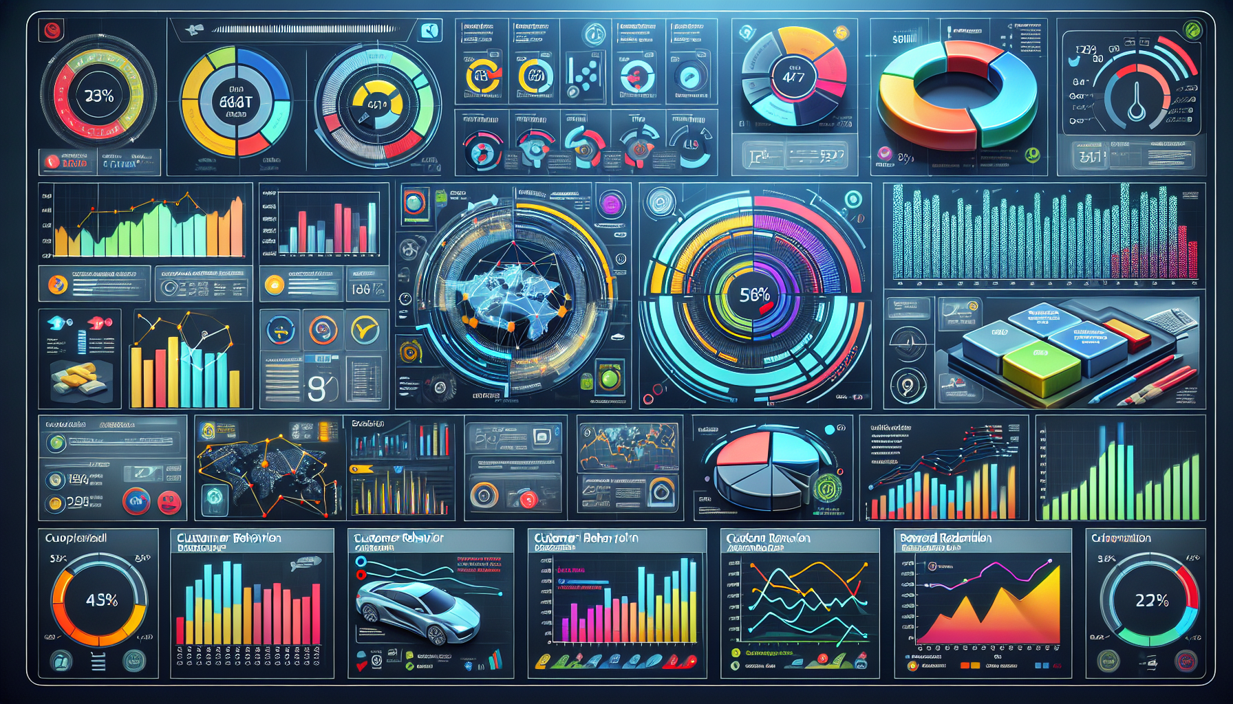 An elaborate digital dashboard displaying diverse data visualizations, including bar graphs, pie charts, line graphs, and statistical metrics arranged in a high-tech interface for a mobile customer loyalty program.