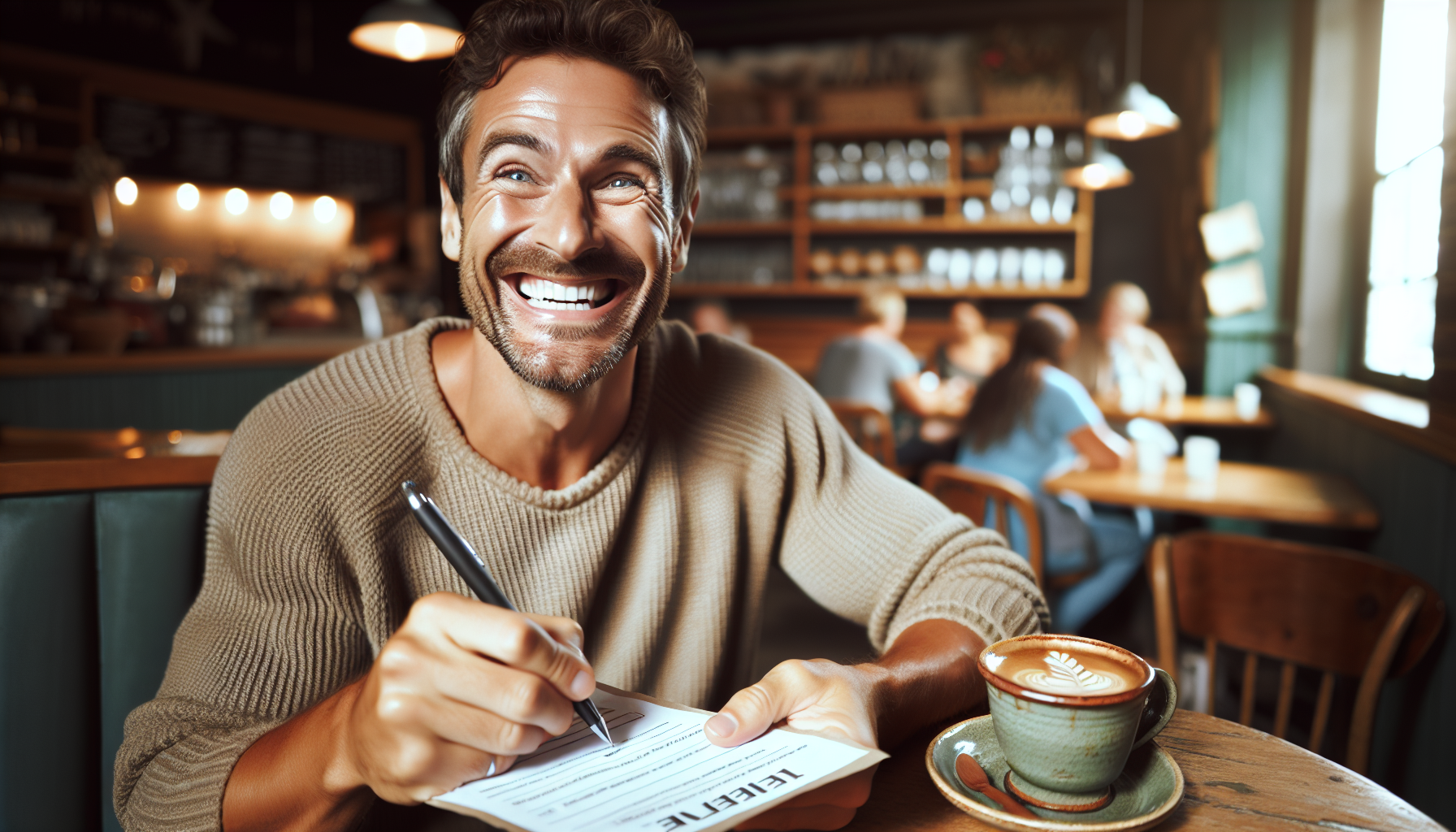 A man sits in a cozy café, smiling broadly while filling out a form with a pen. A cup of latte with latte art is placed next to him on the wooden table; he's clearly enjoying the ambiance while completing a customer satisfaction measurement survey.